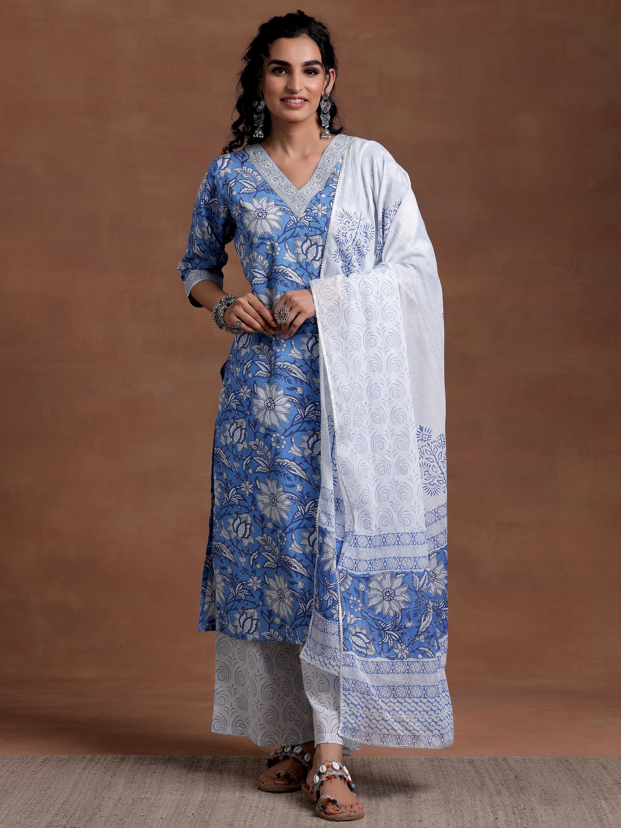 Blue Printed Cotton Straight Suit With Dupatta