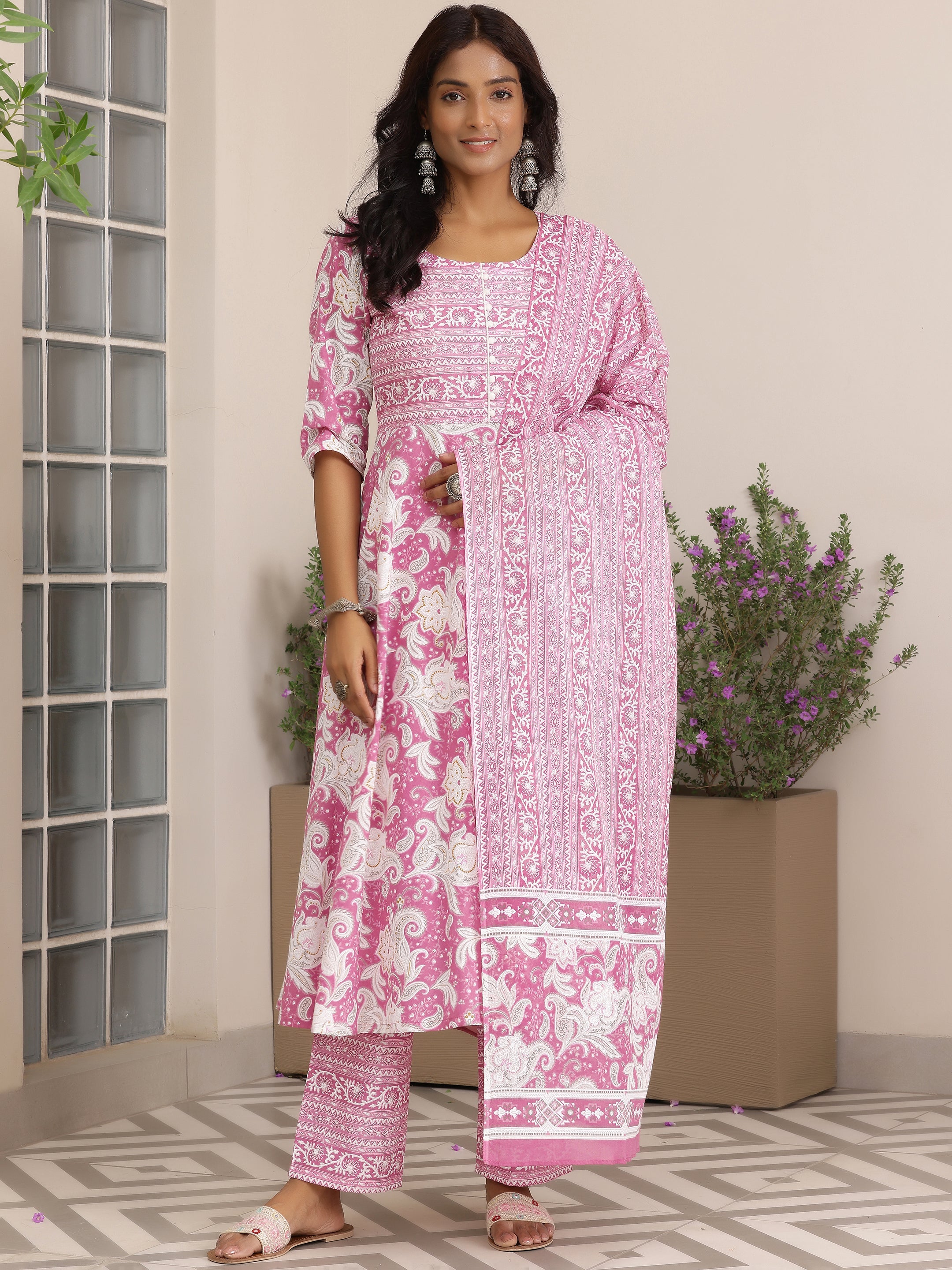 Pink Printed Cotton Anarkali Suit With Dupatta