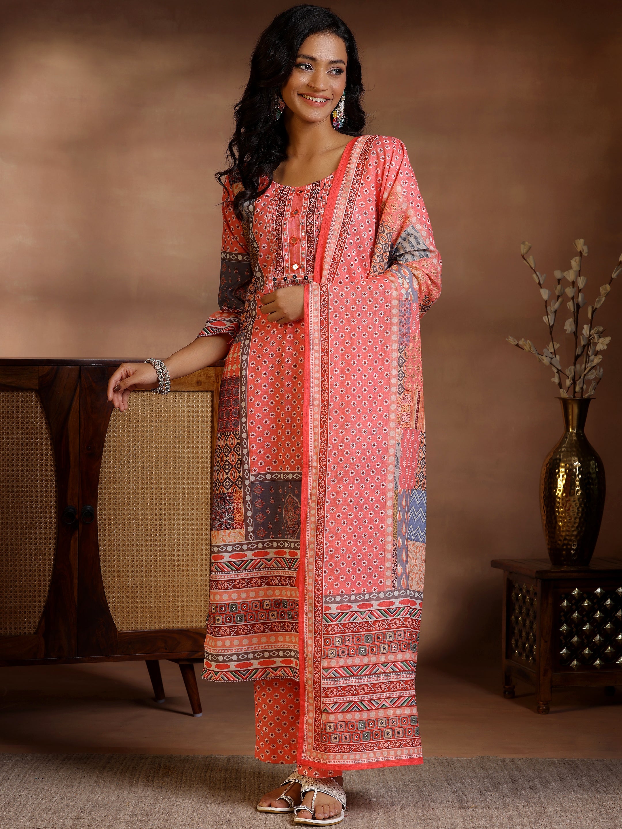 Multicoloured Printed Linen Straight Suit With Dupatta