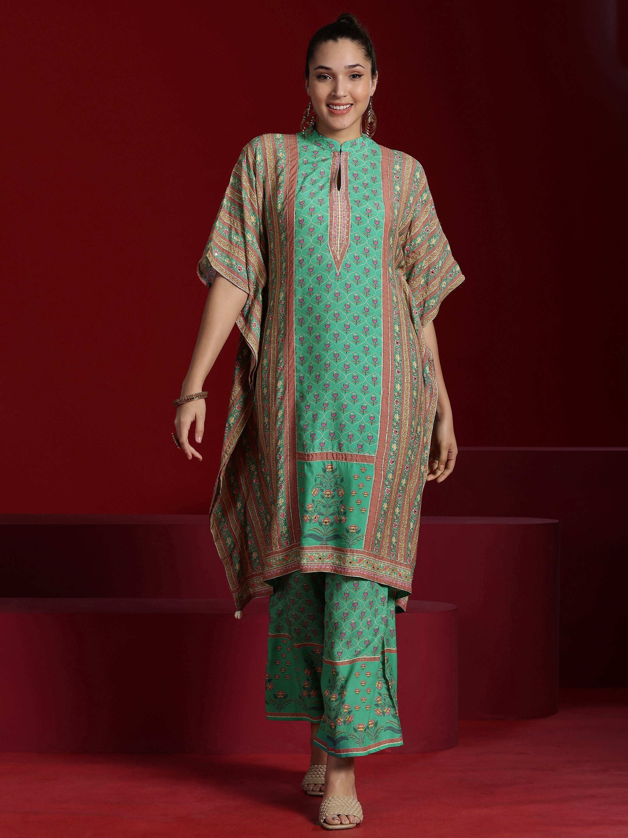 Libas Art Green Printed Silk Blend Straight Kaftan Kurta & Palazzos