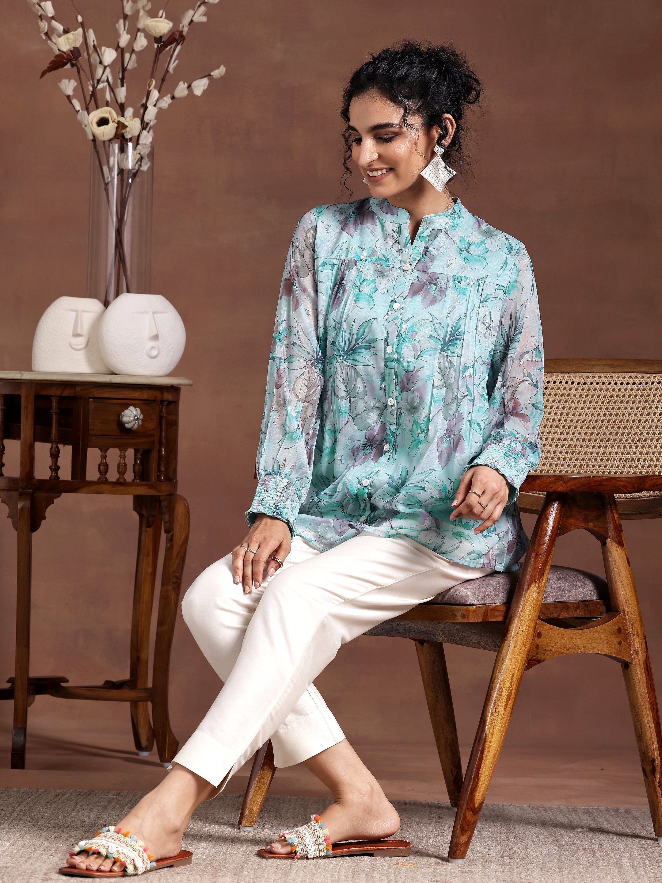 Blue Printed Chiffon A-Line Kurti