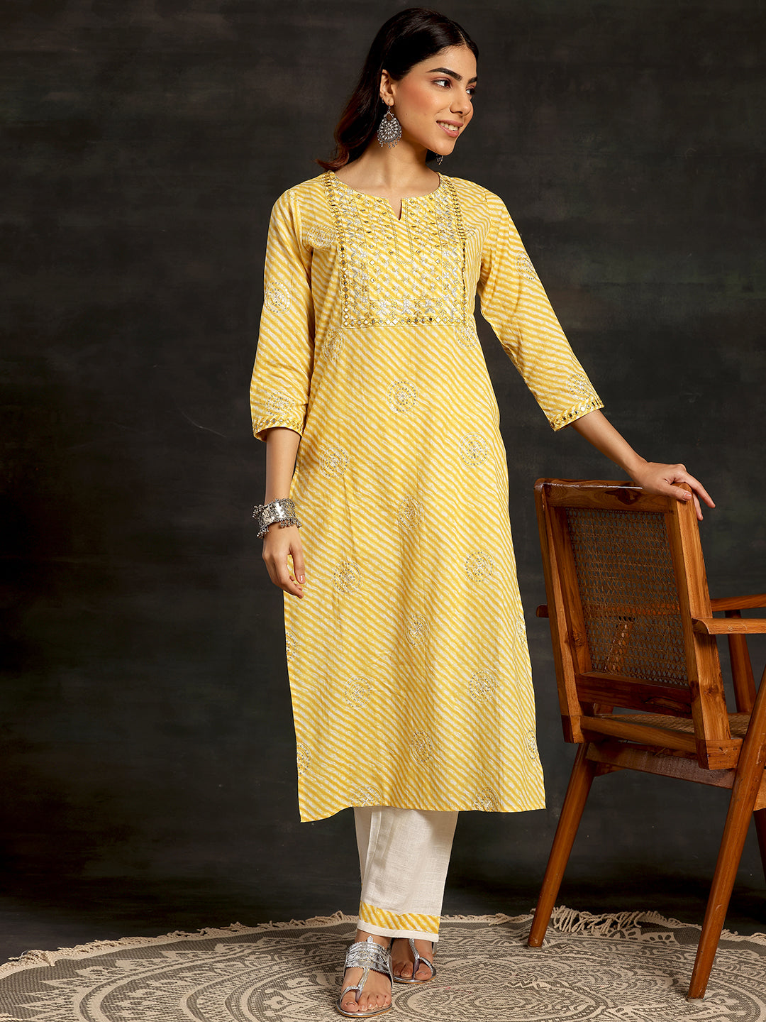 Yellow Printed Cotton Straight Kurta Set