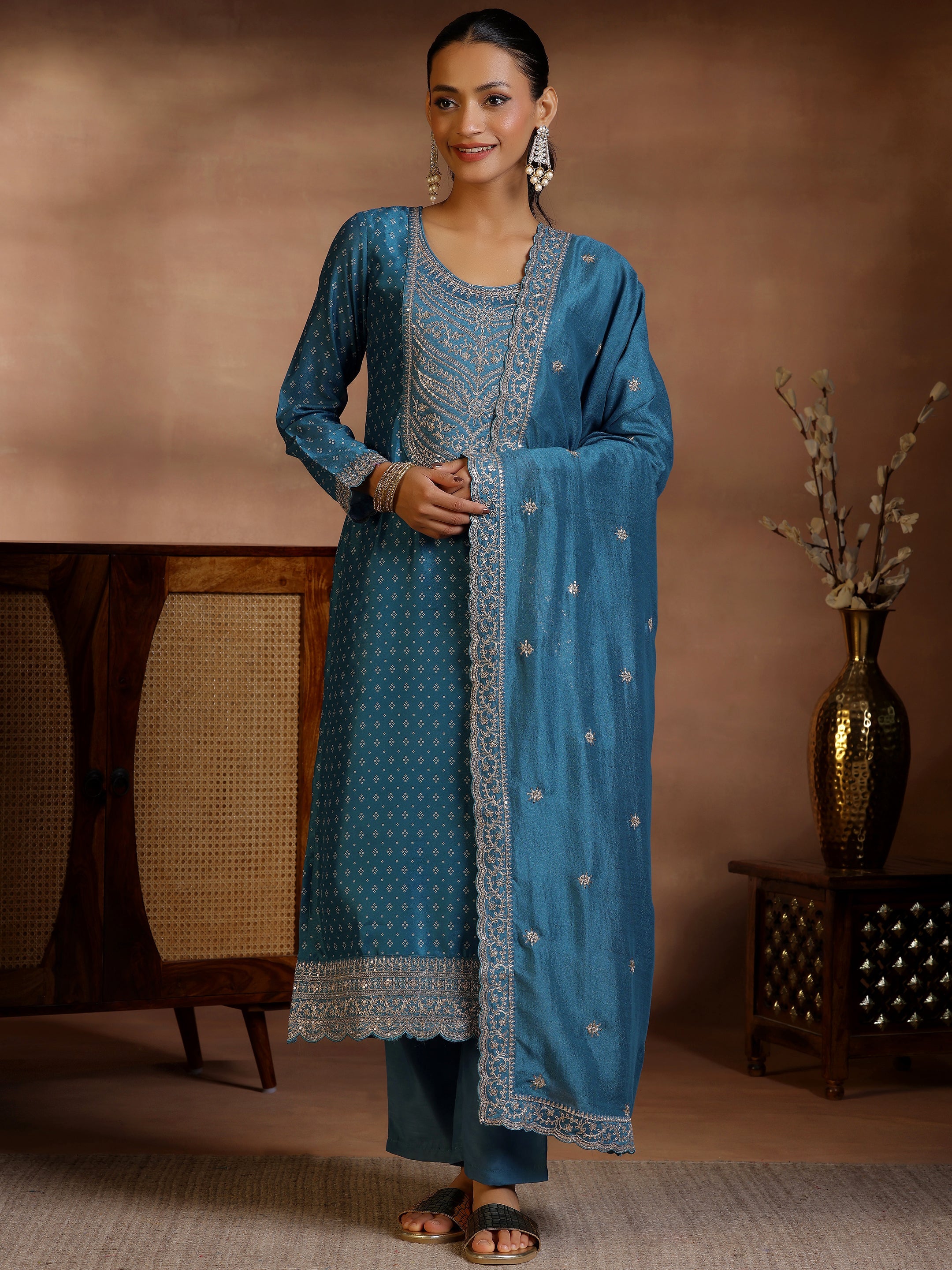 Blue Printed Silk Blend Straight Suit With Dupatta