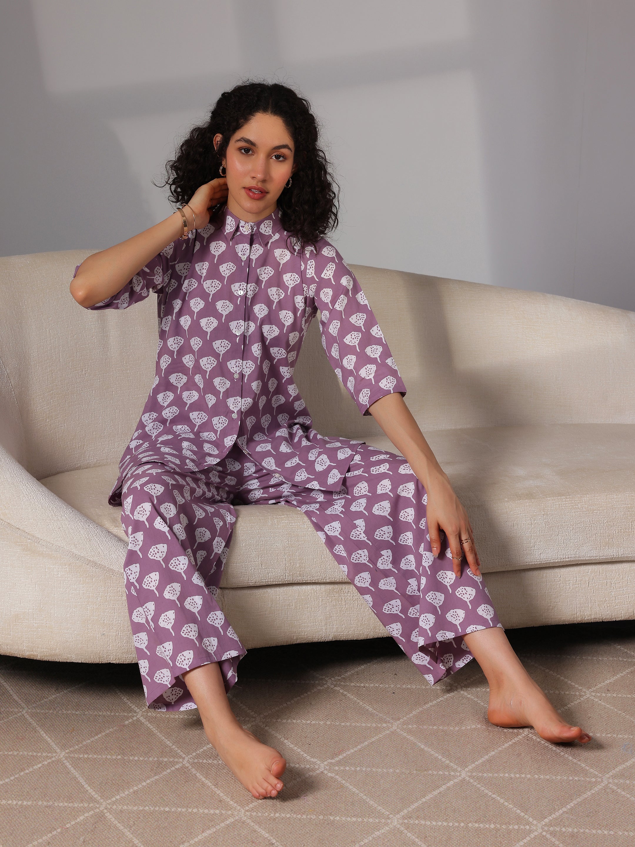 Purple Printed Cotton Night Suits