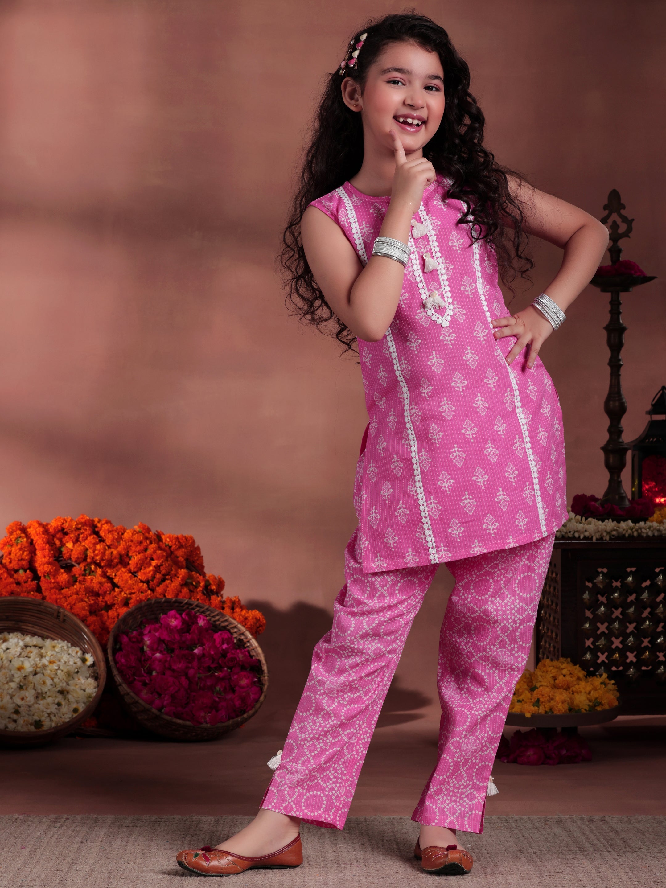 Kids Pink Printed Cotton Straight Top With Trousers