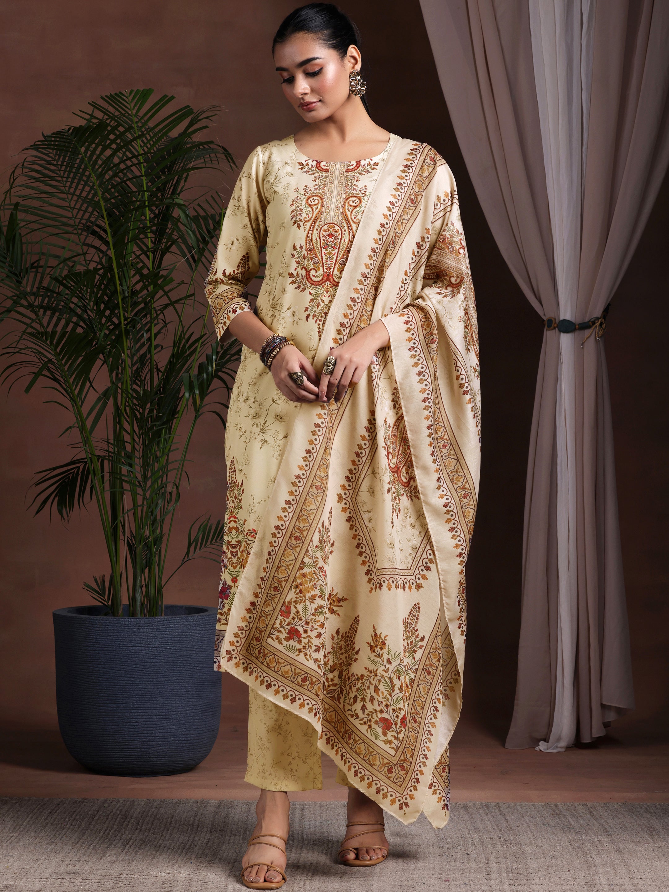 Beige Printed Poly Crepe Straight Suit With Dupatta