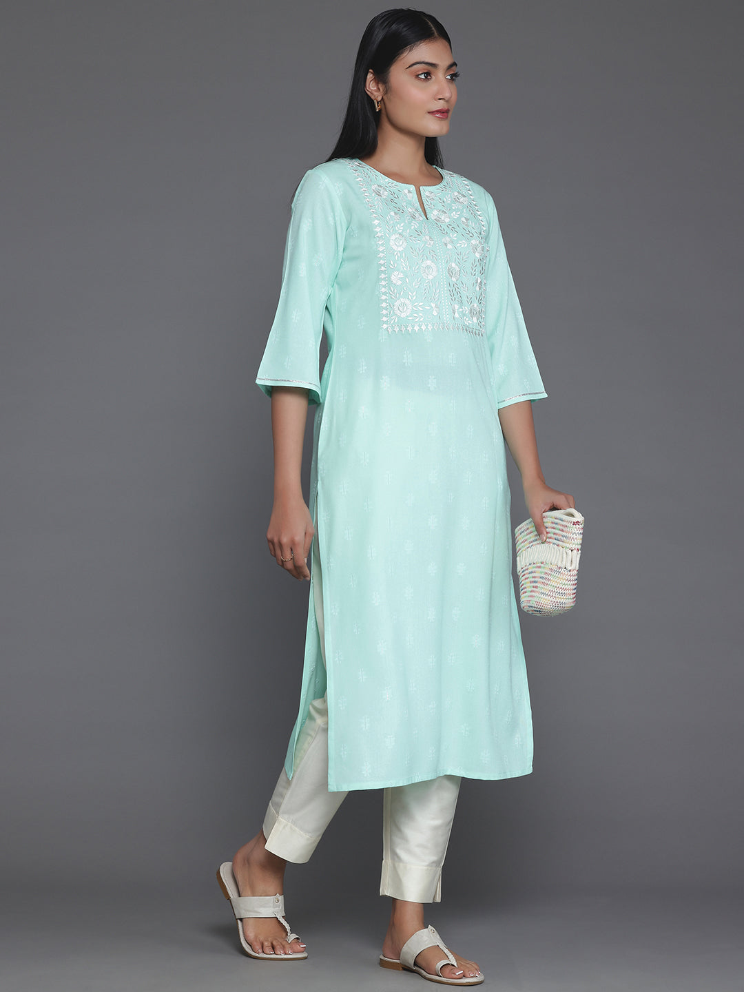 Light Blue Yoke Design Rayon Straight Kurta