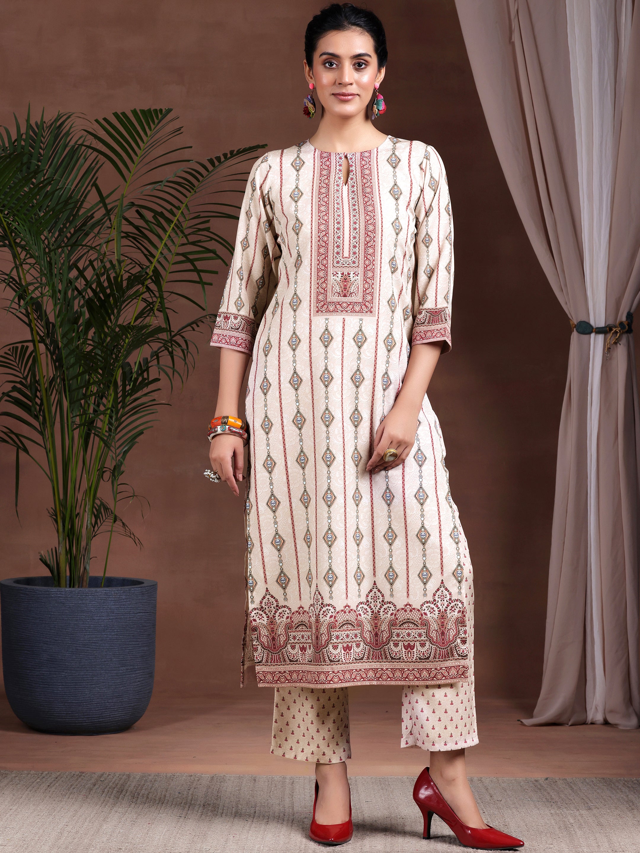 Beige Printed Poly Crepe Straight Suit With Dupatta