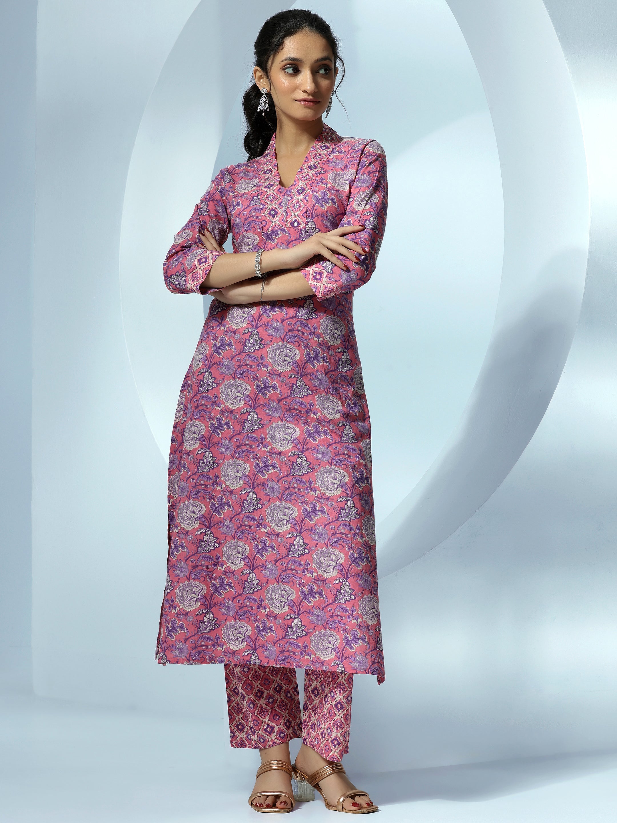 Pink Printed Cotton Straight Kurta Set