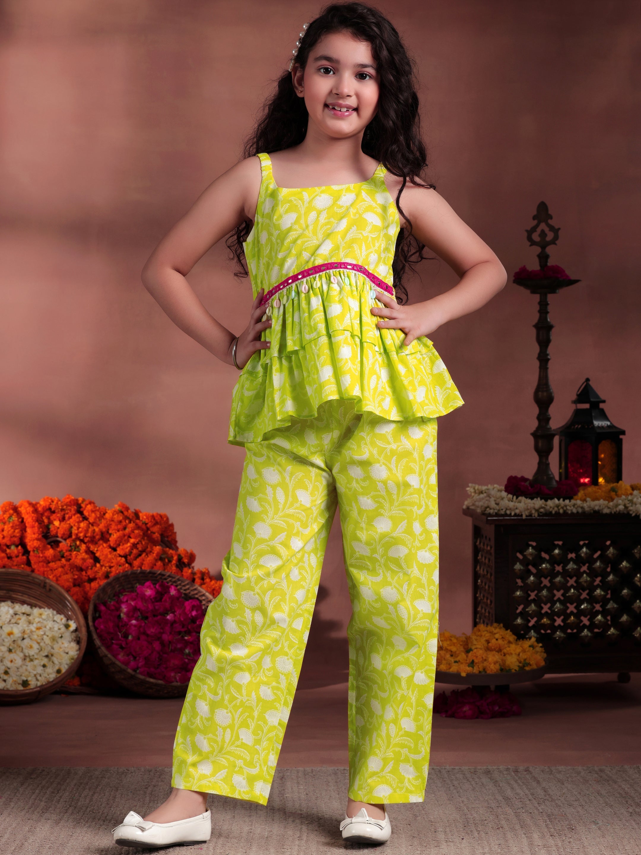 Kids Lime Green Printed Cotton Co-Ords