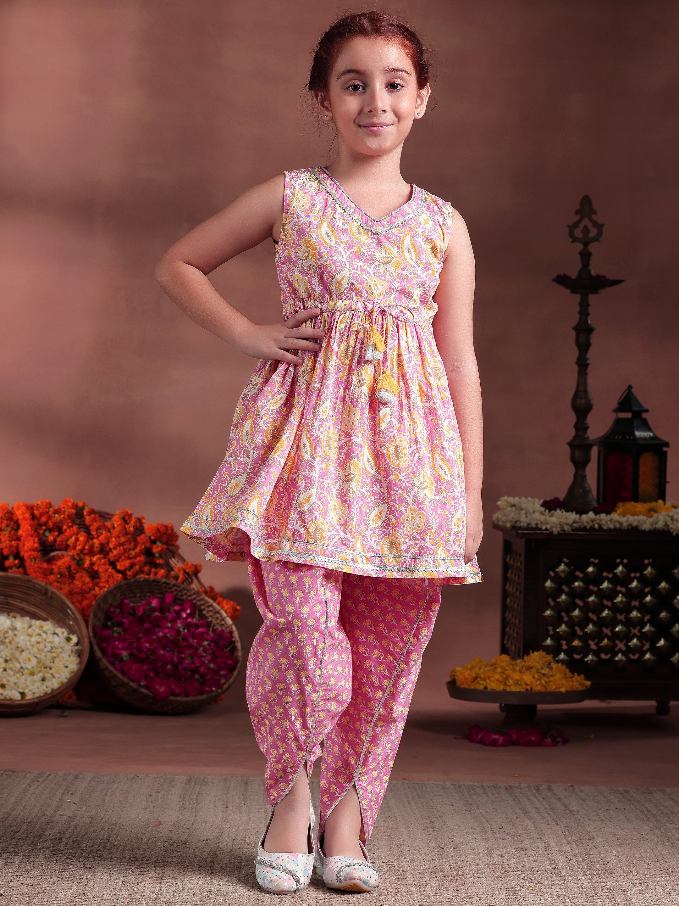 Kids Pink Printed Cotton A-Line Kurti With Salwar & Dupatta