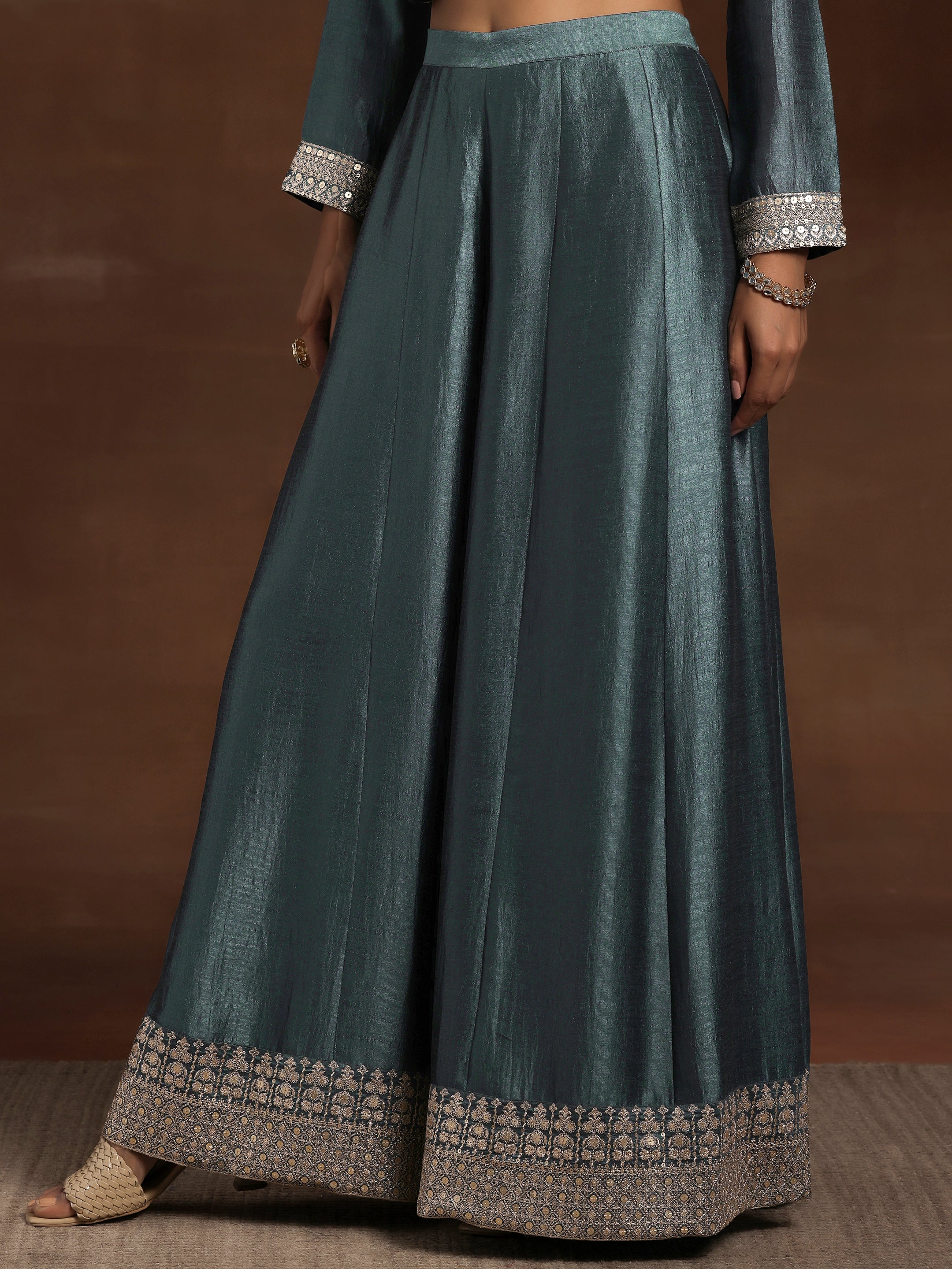 Grey Embroidered Silk Blend Straight Suit With Dupatta