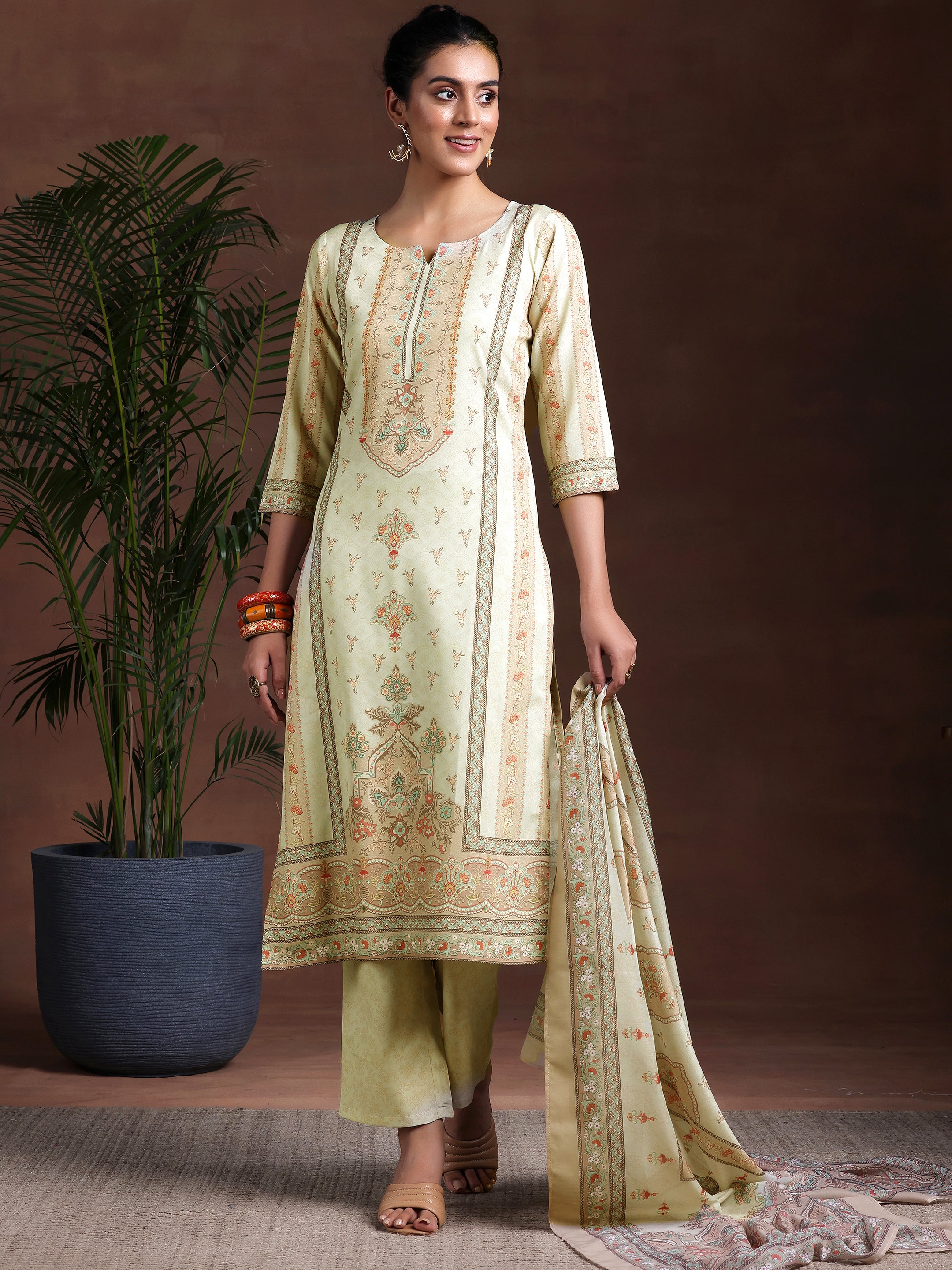 Beige Printed Poly Crepe Straight Suit With Dupatta