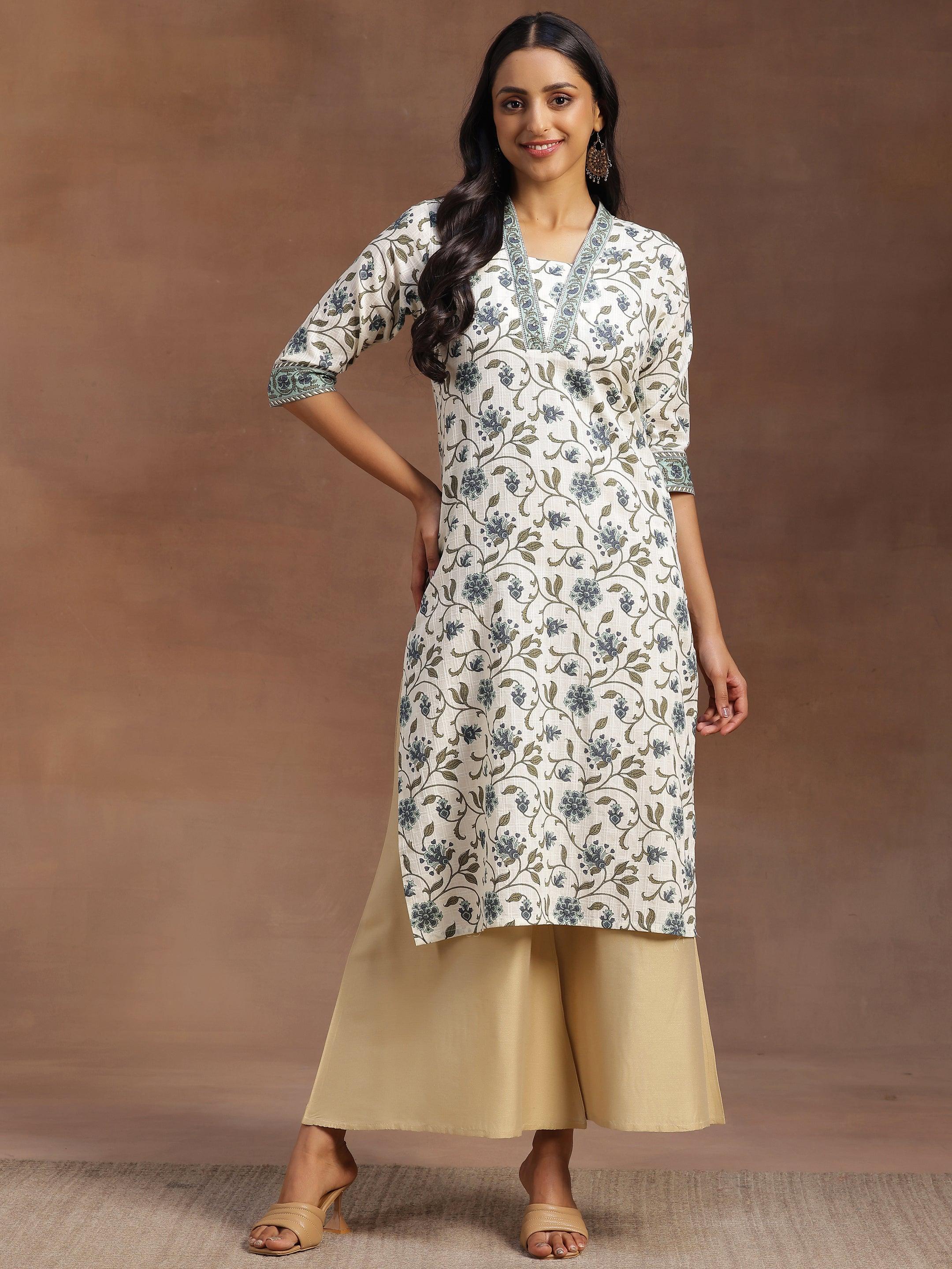 Off White Printed Cotton Straight Kurta