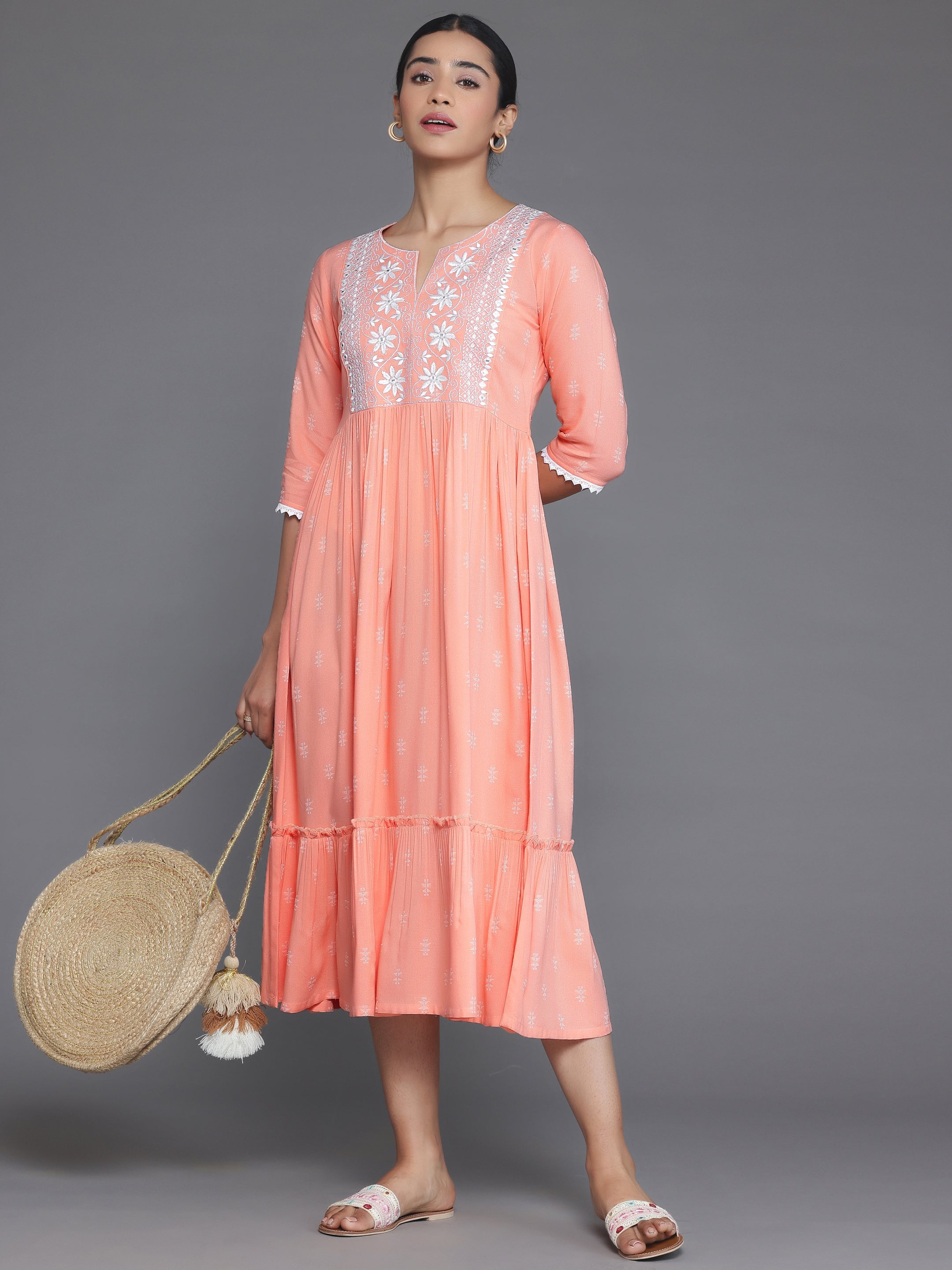 Peach Self Design Viscose Rayon A-Line Dress