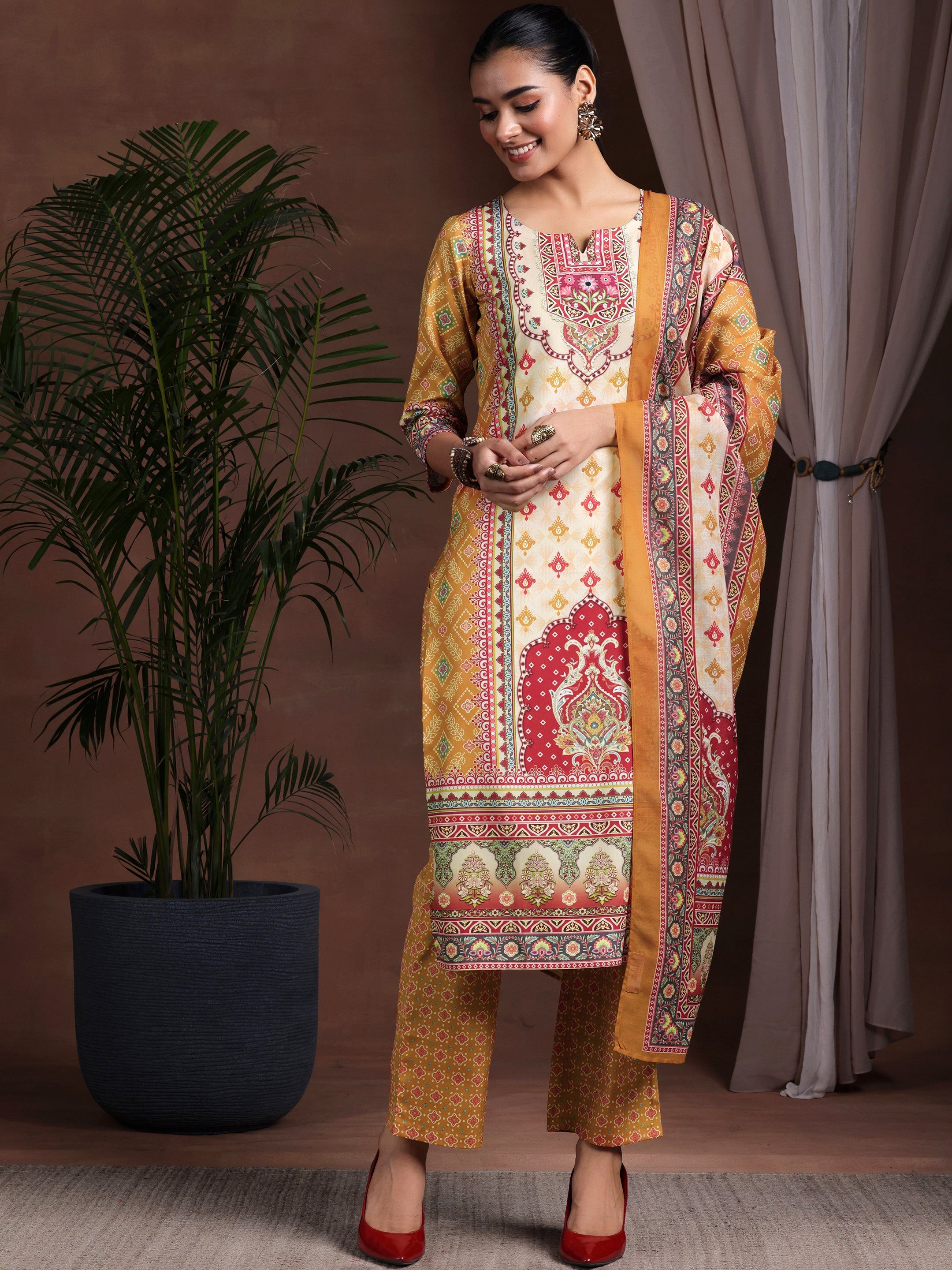 Mustard Printed Poly Crepe Straight Suit With Dupatta