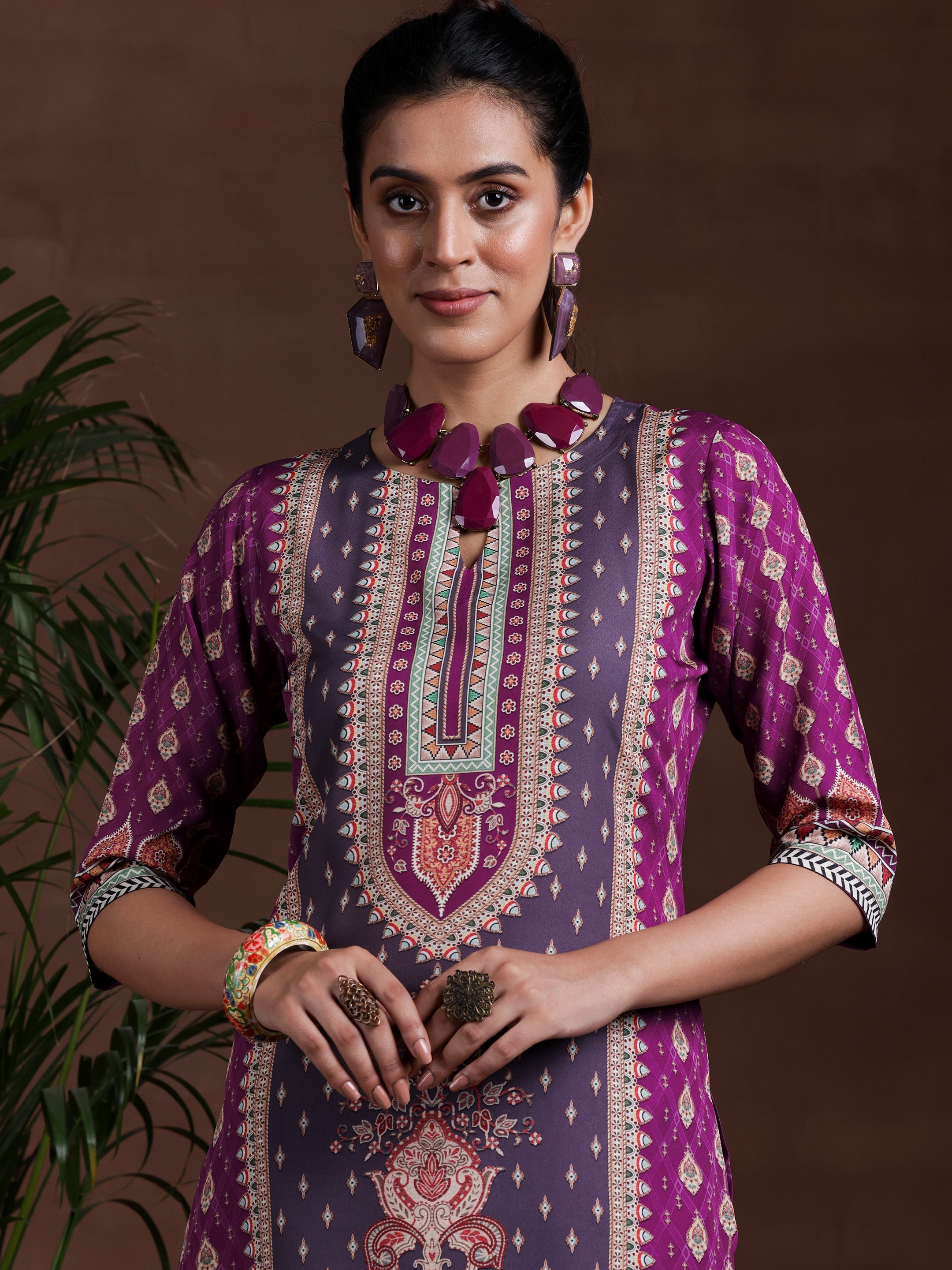 Purple Printed Poly Crepe Straight Suit With Dupatta