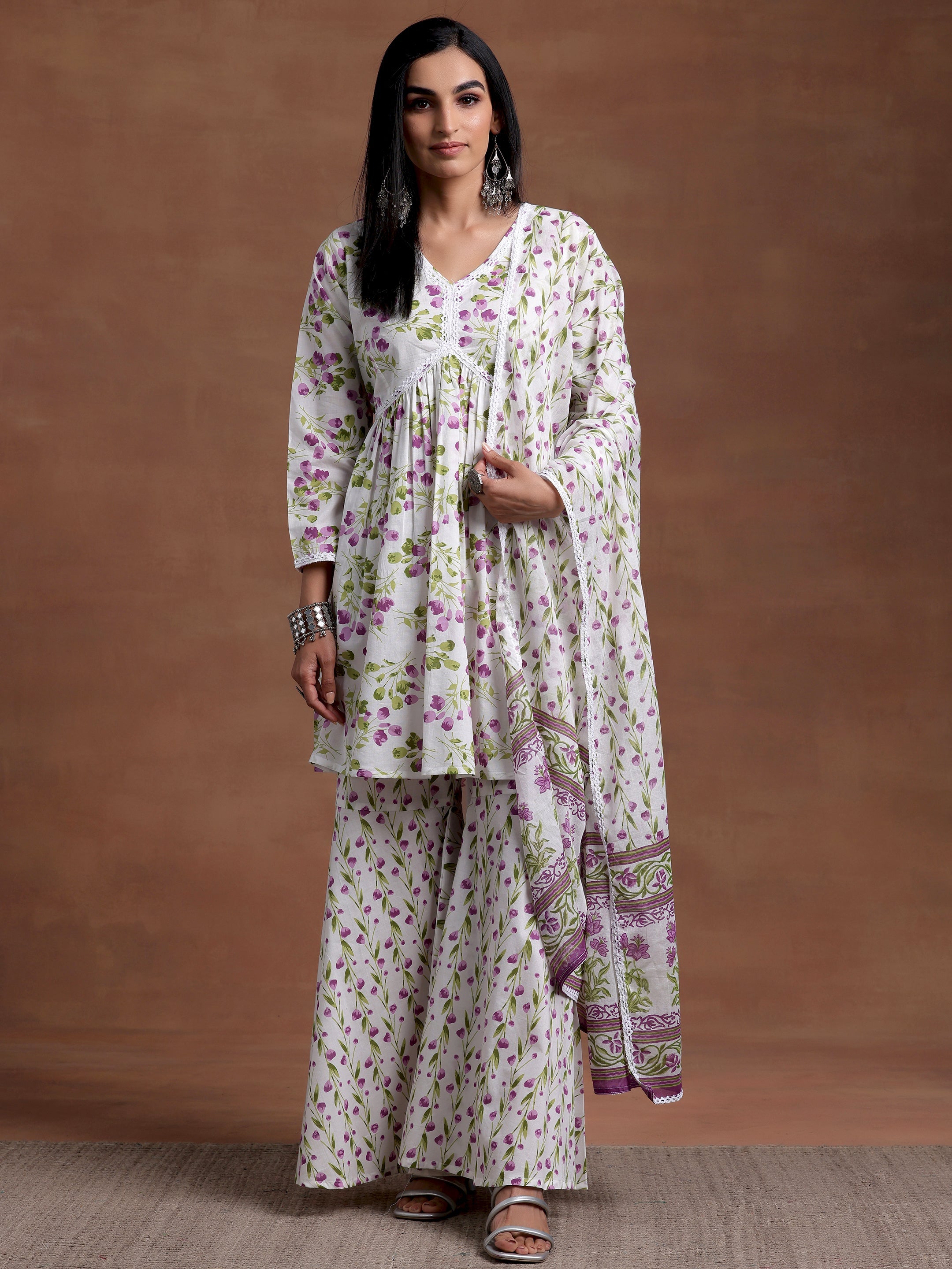 Off White Printed Cotton A-Line Kurta With Sharara & Dupatta