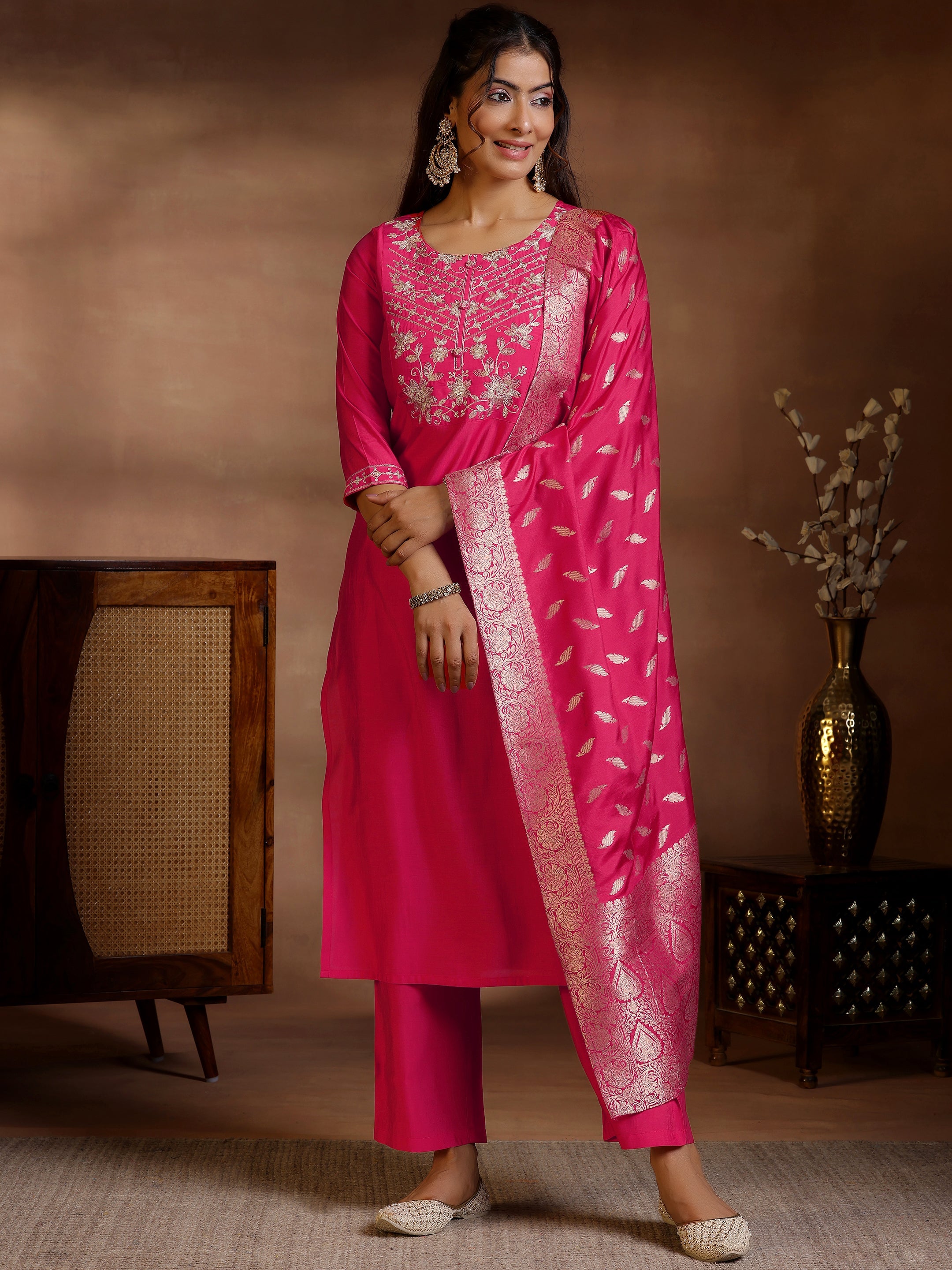 Pink Yoke Design Silk Blend Straight Suits With Dupatta