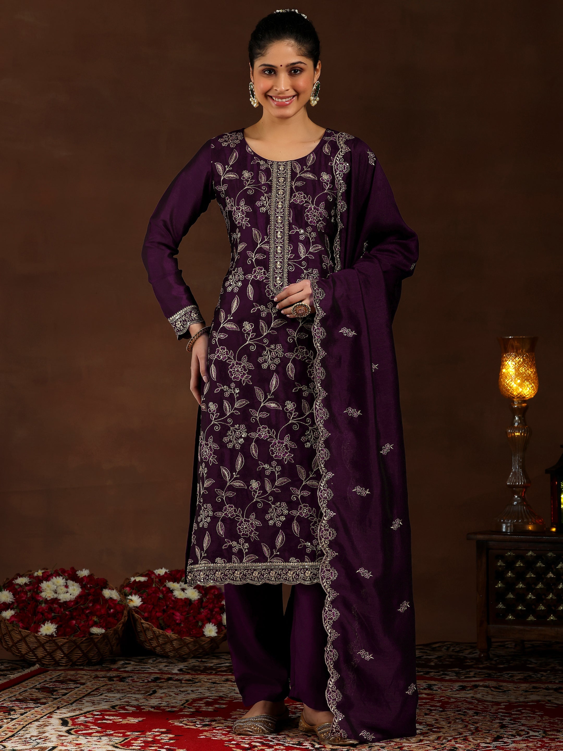 Wine Embroidered Silk Blend Straight Suit With Dupatta