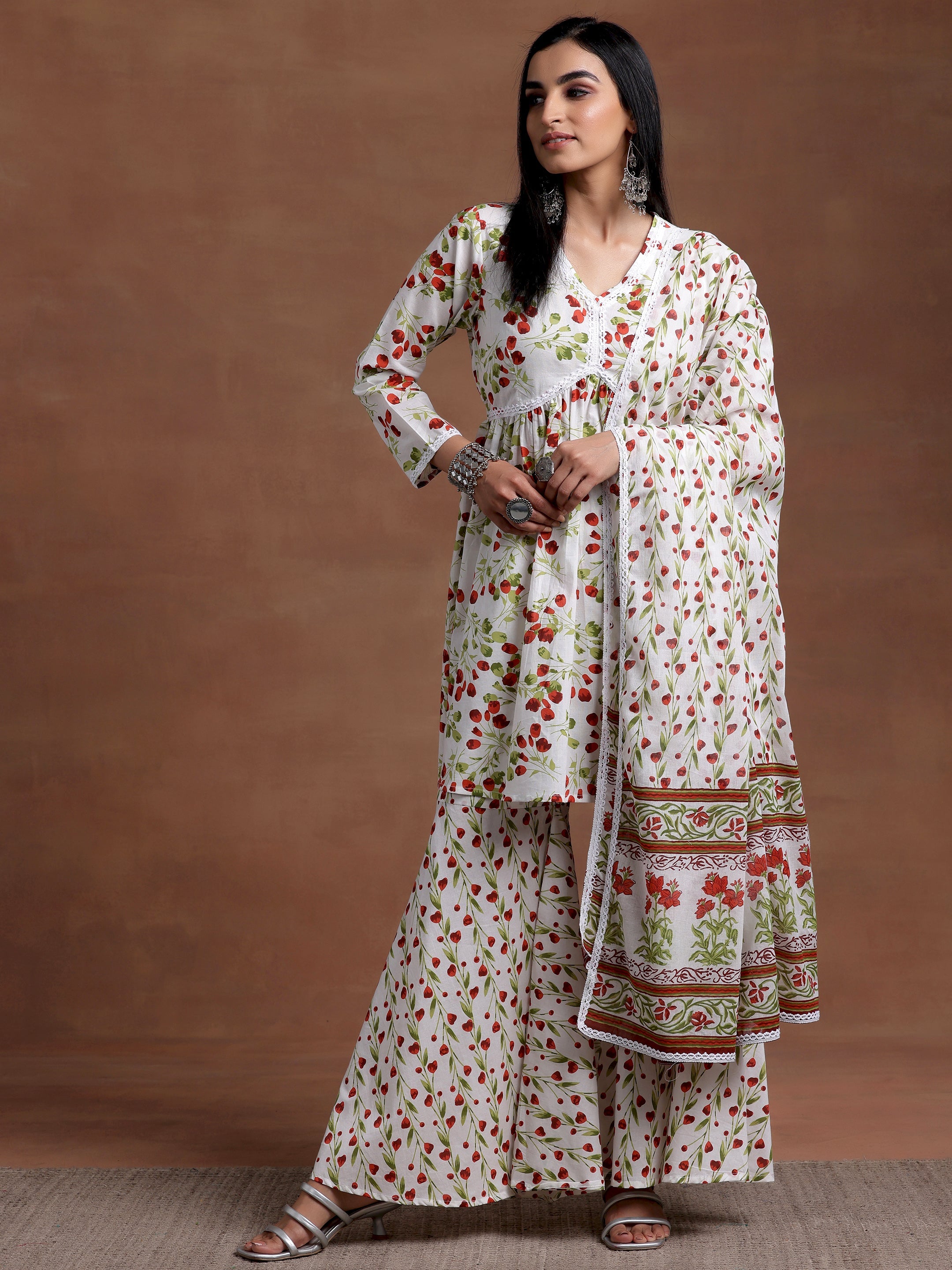 Off White Printed Cotton A-Line Kurta With Sharara & Dupatta