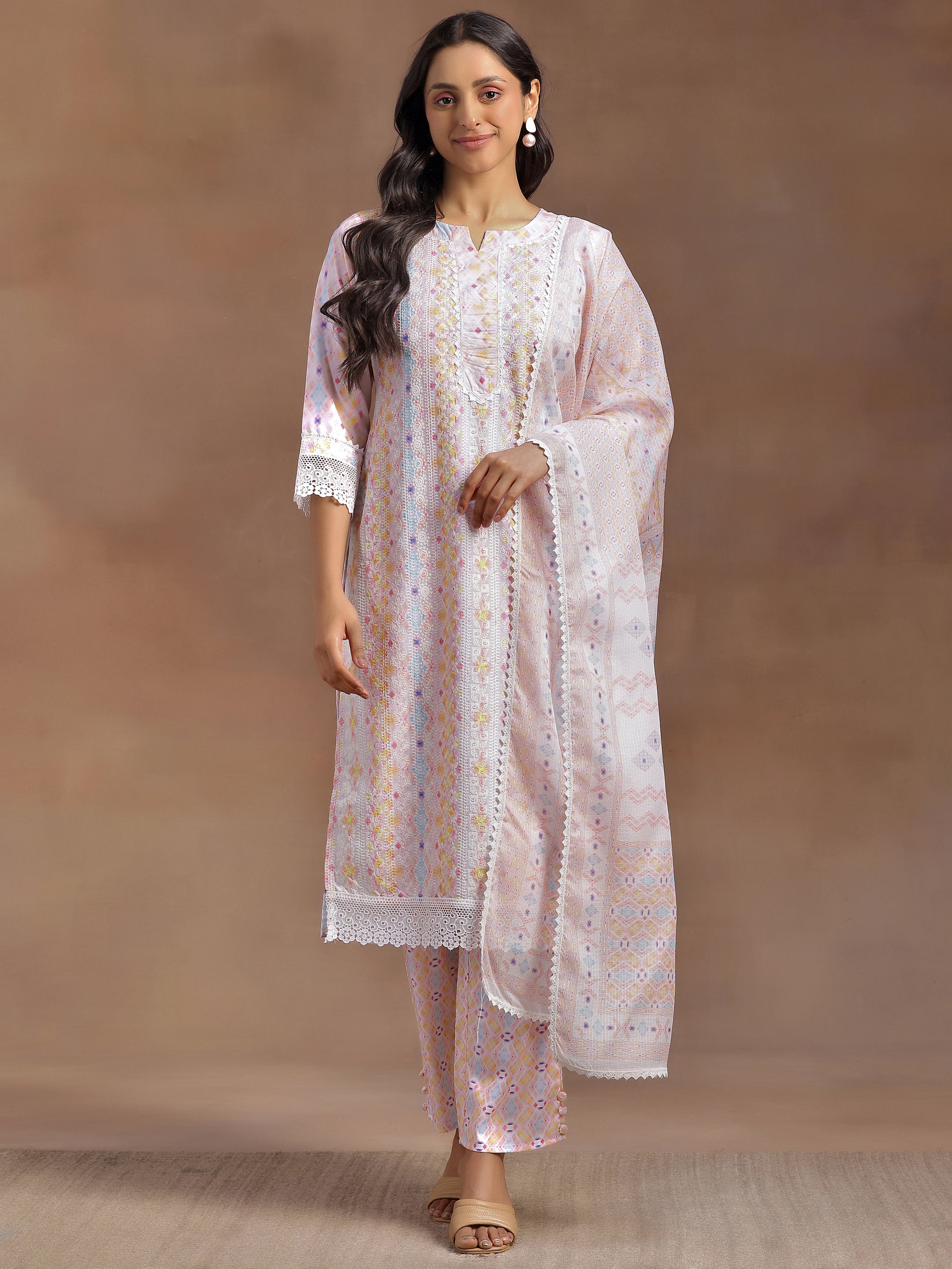 Peach Embroidered Cotton Blend Straight Suit With Dupatta