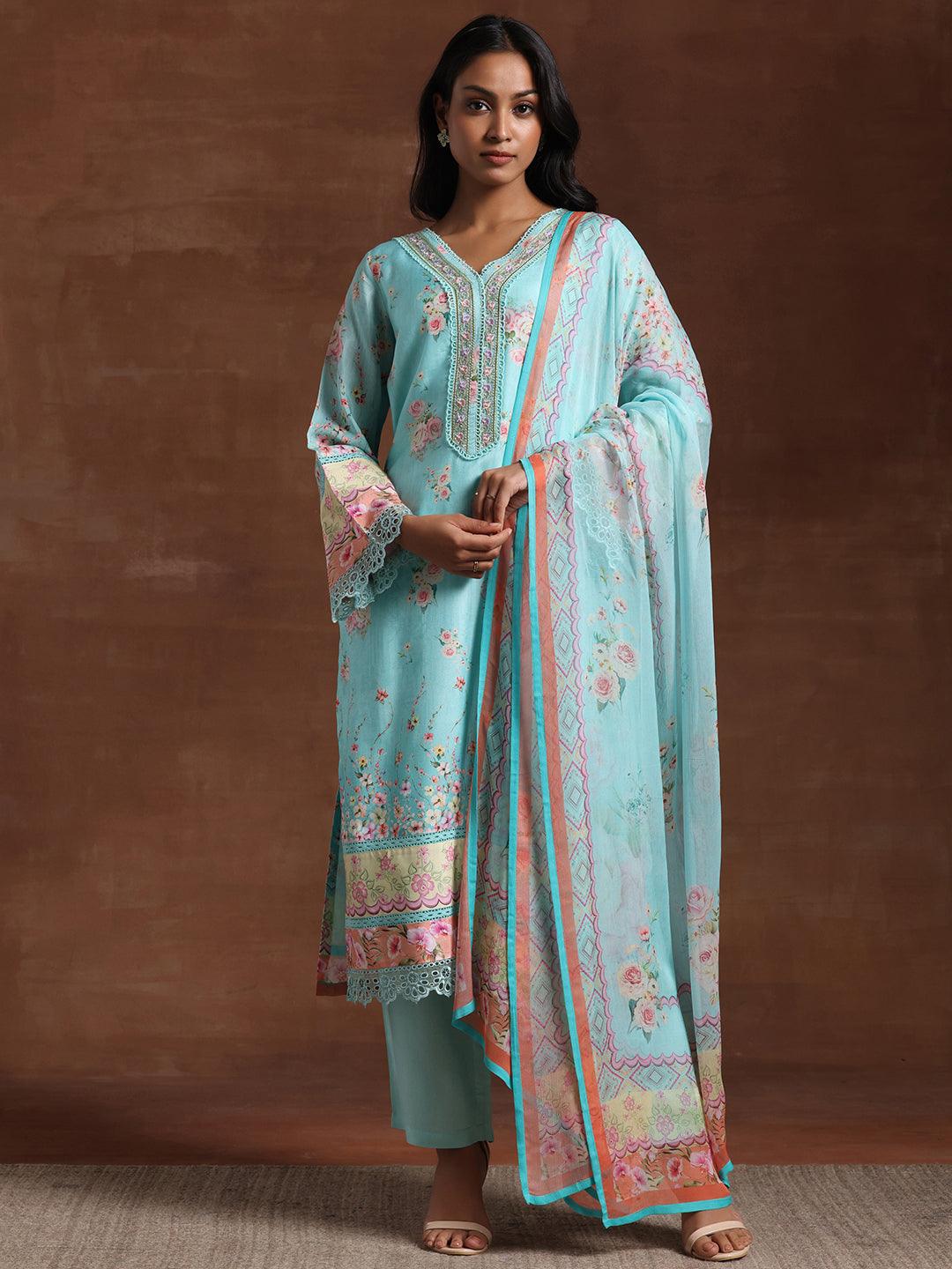 Turquoise Printed Silk Blend Straight Suit With Dupatta