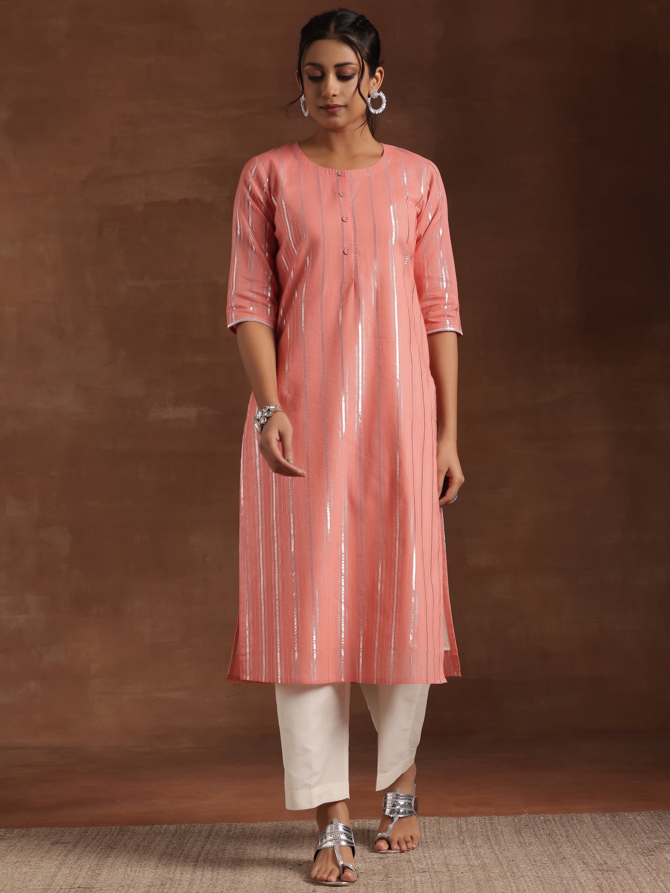 Peach Woven Design Cotton Straight Kurta