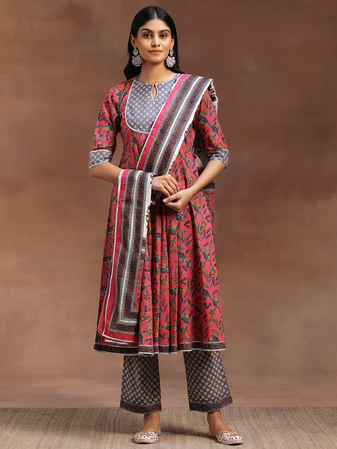 Pink Printed Cotton Anarkali Suit With Dupatta