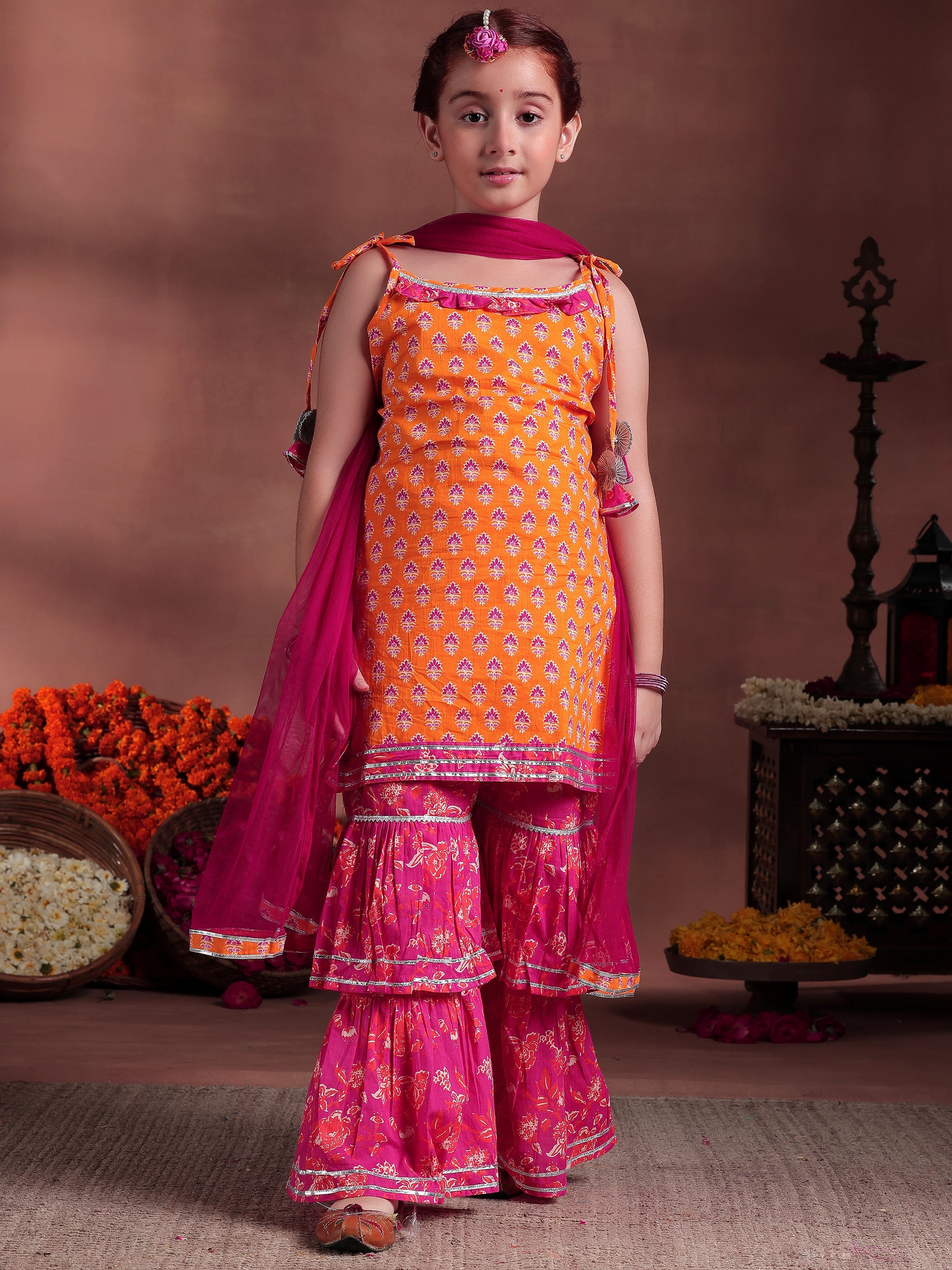 Kids Orange Printed Cotton Straight Suit With Dupatta