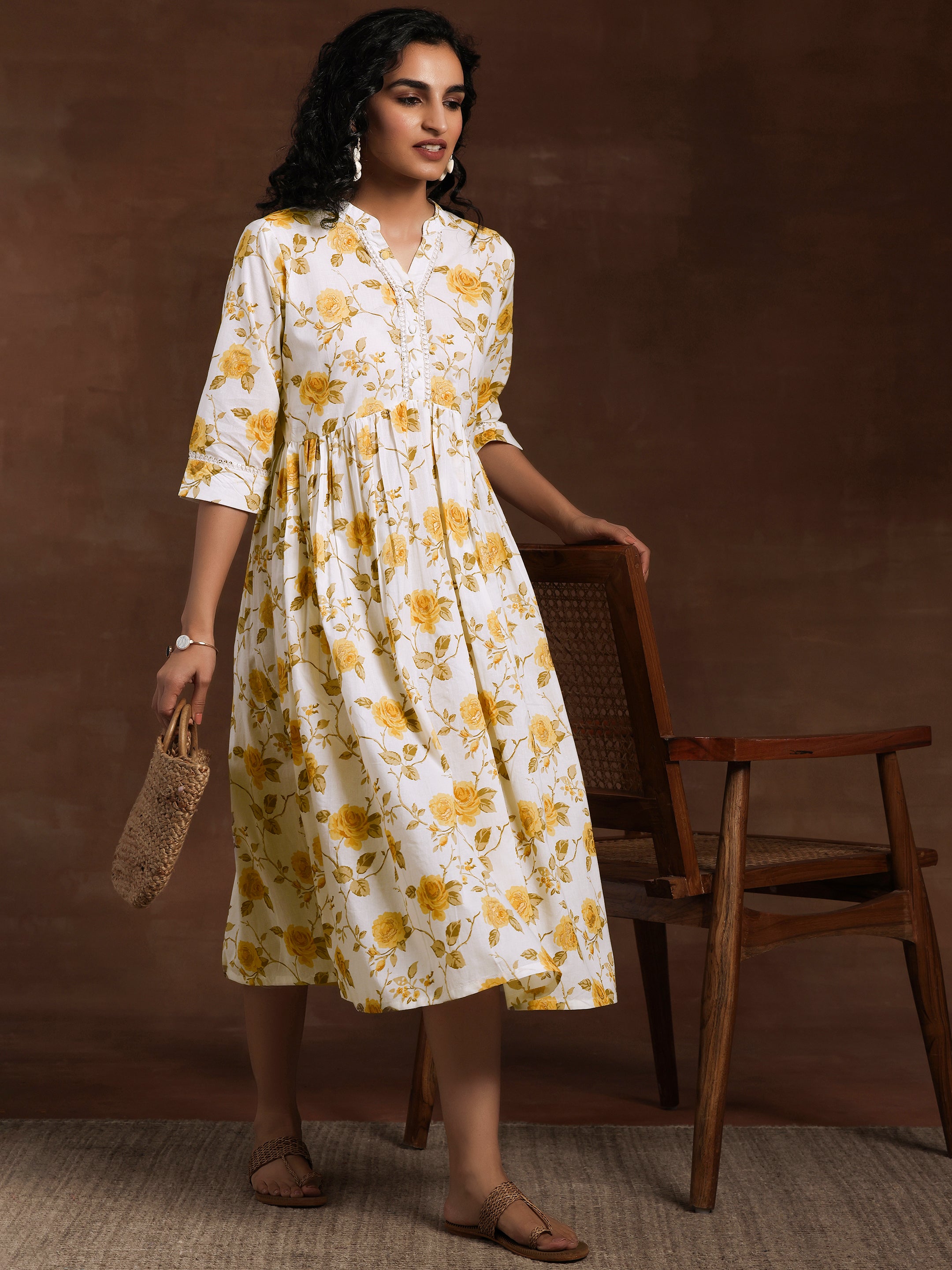 Off White Printed Cotton Fit and Flare Dress