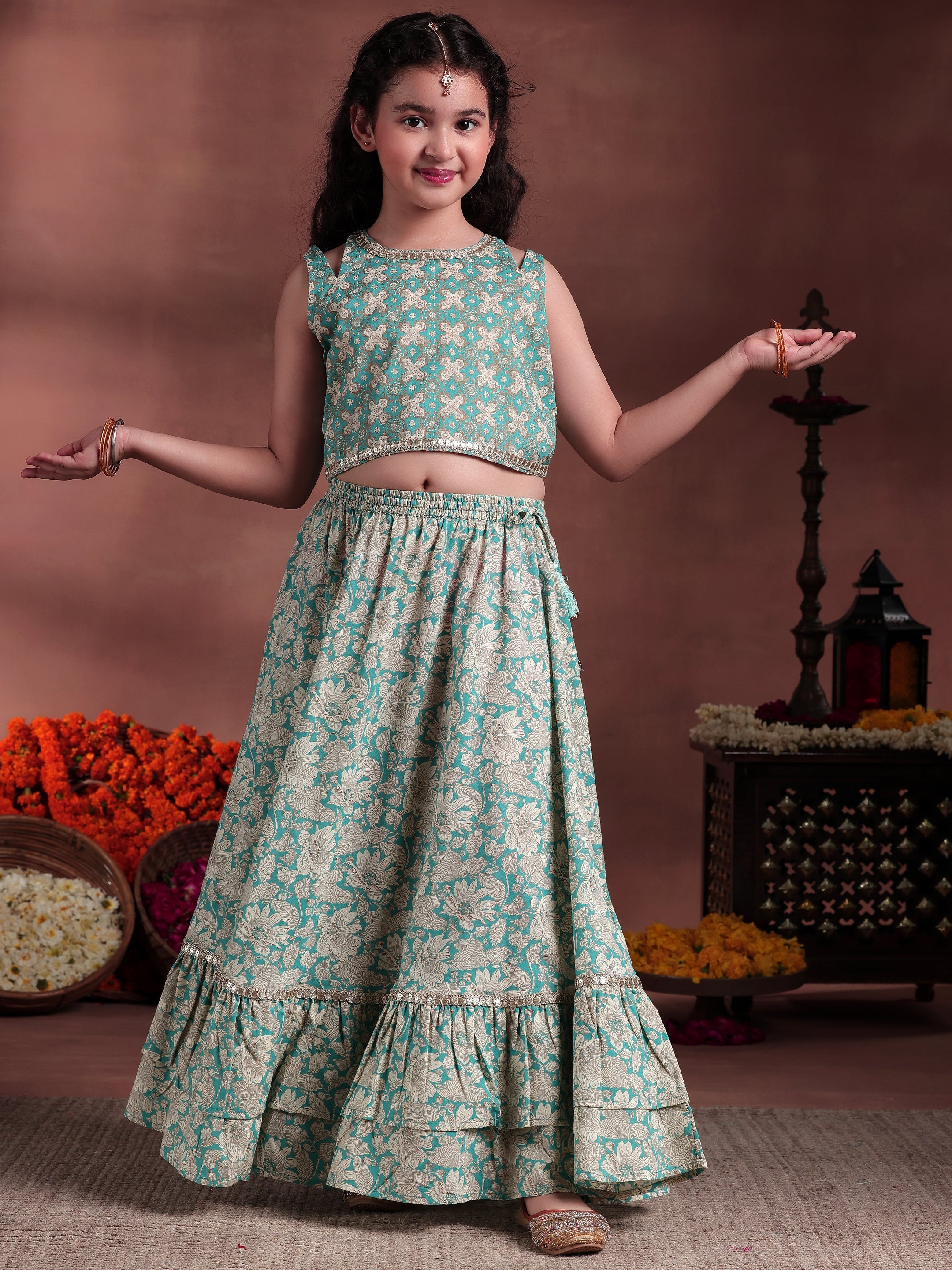 Blue Printed Cotton Lehenga Choli