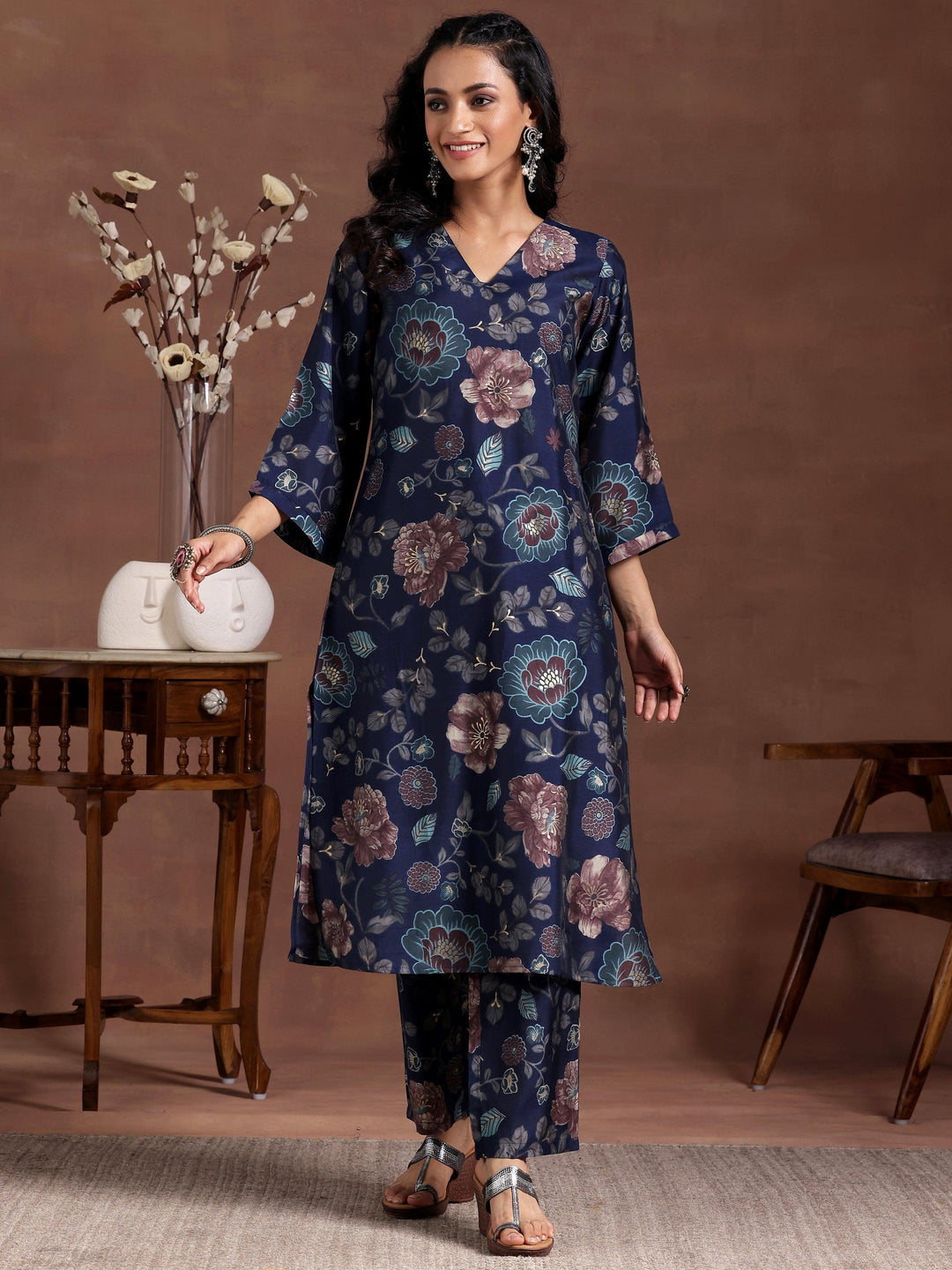 Blue Printed Silk Blend Co-Ords - Libas