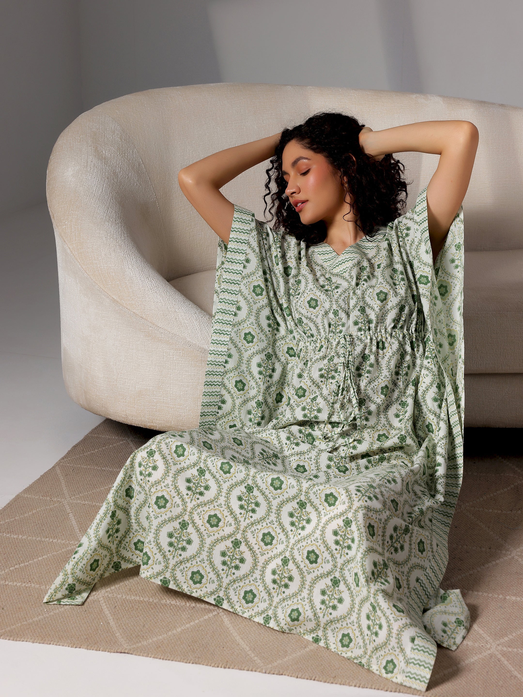 Green Printed Cotton Kaftan Night Dress