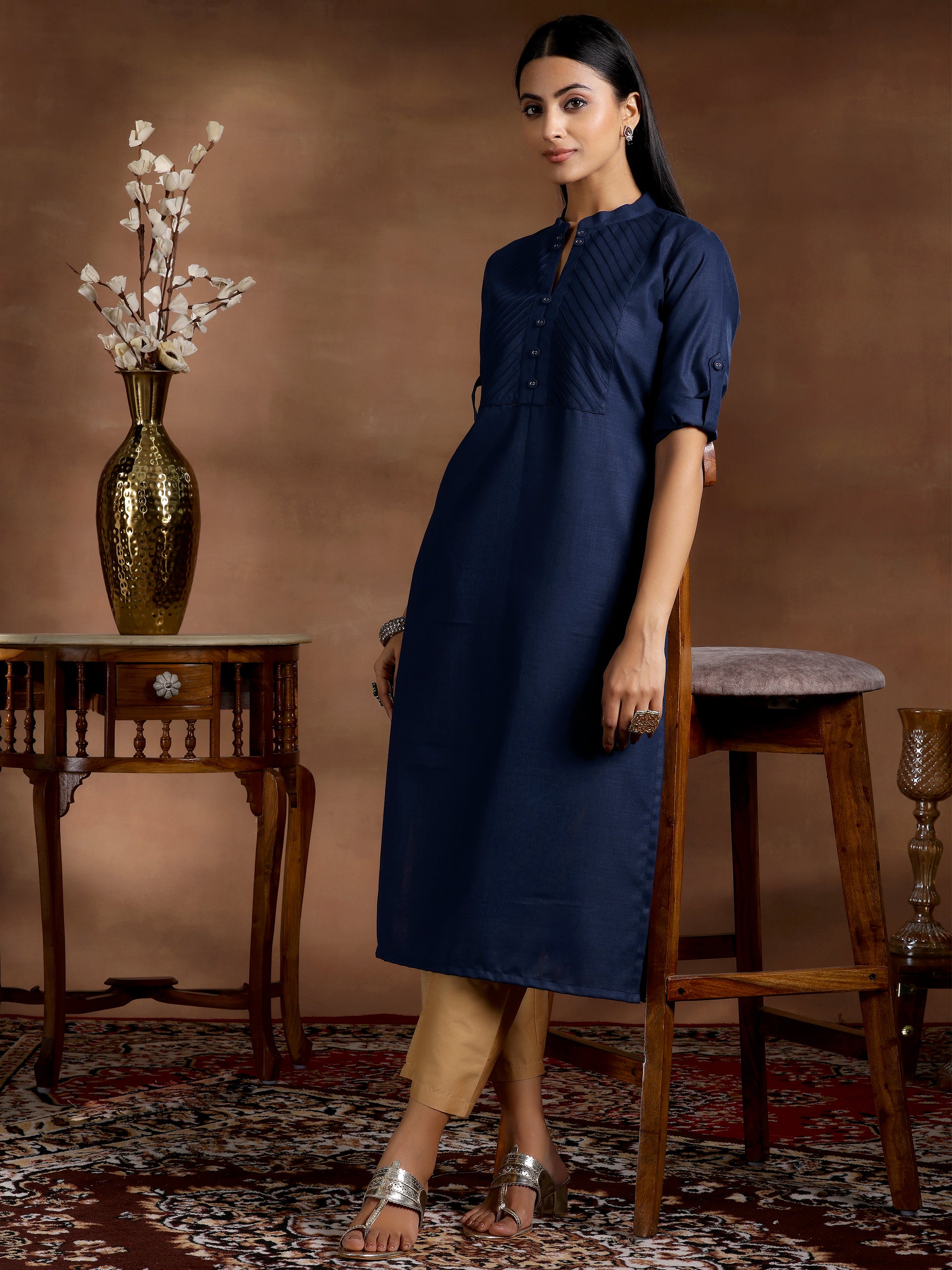 Blue Solid Silk Straight Kurta