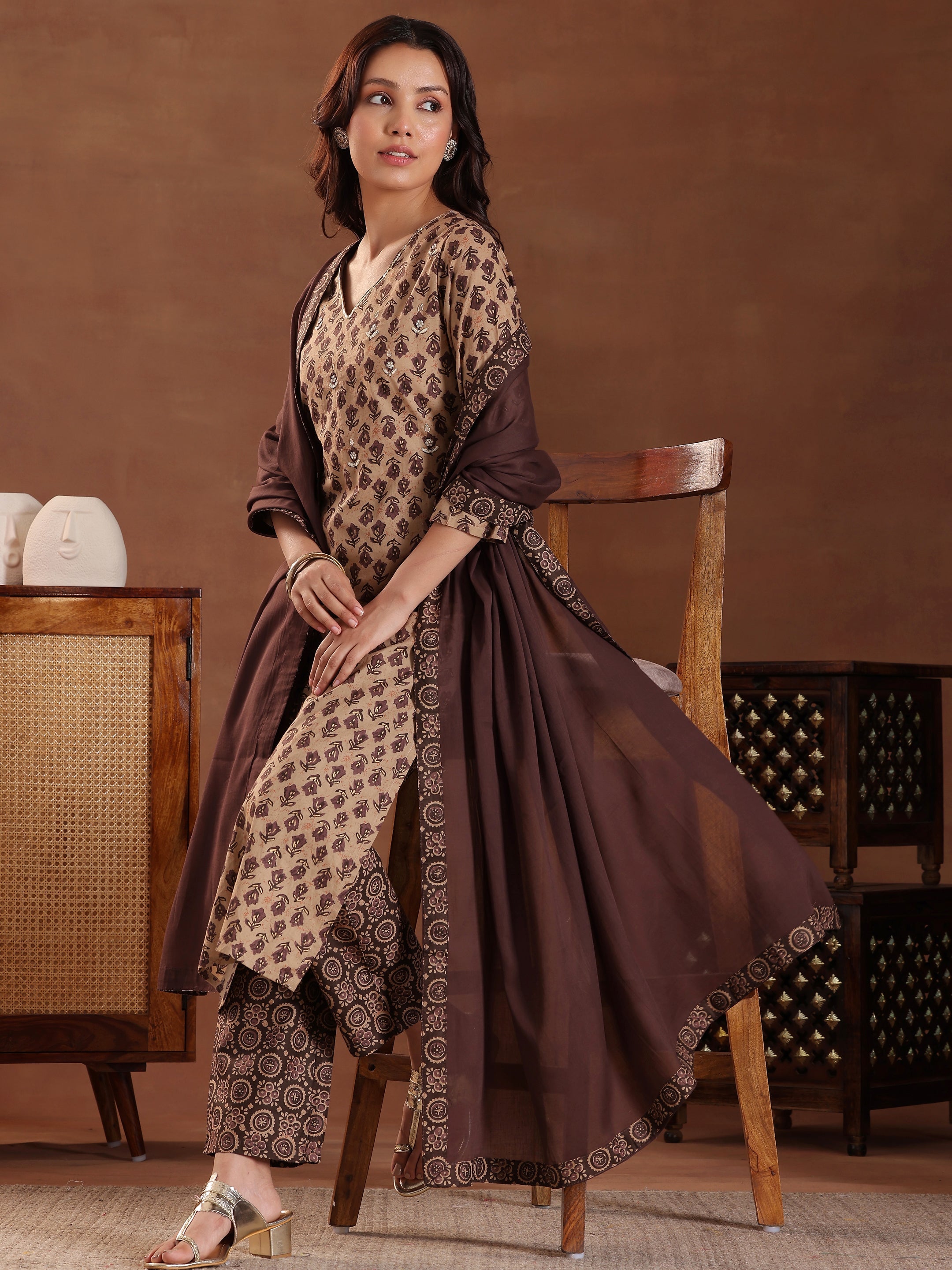 Brown Printed Cotton Straight Suit With Dupatta