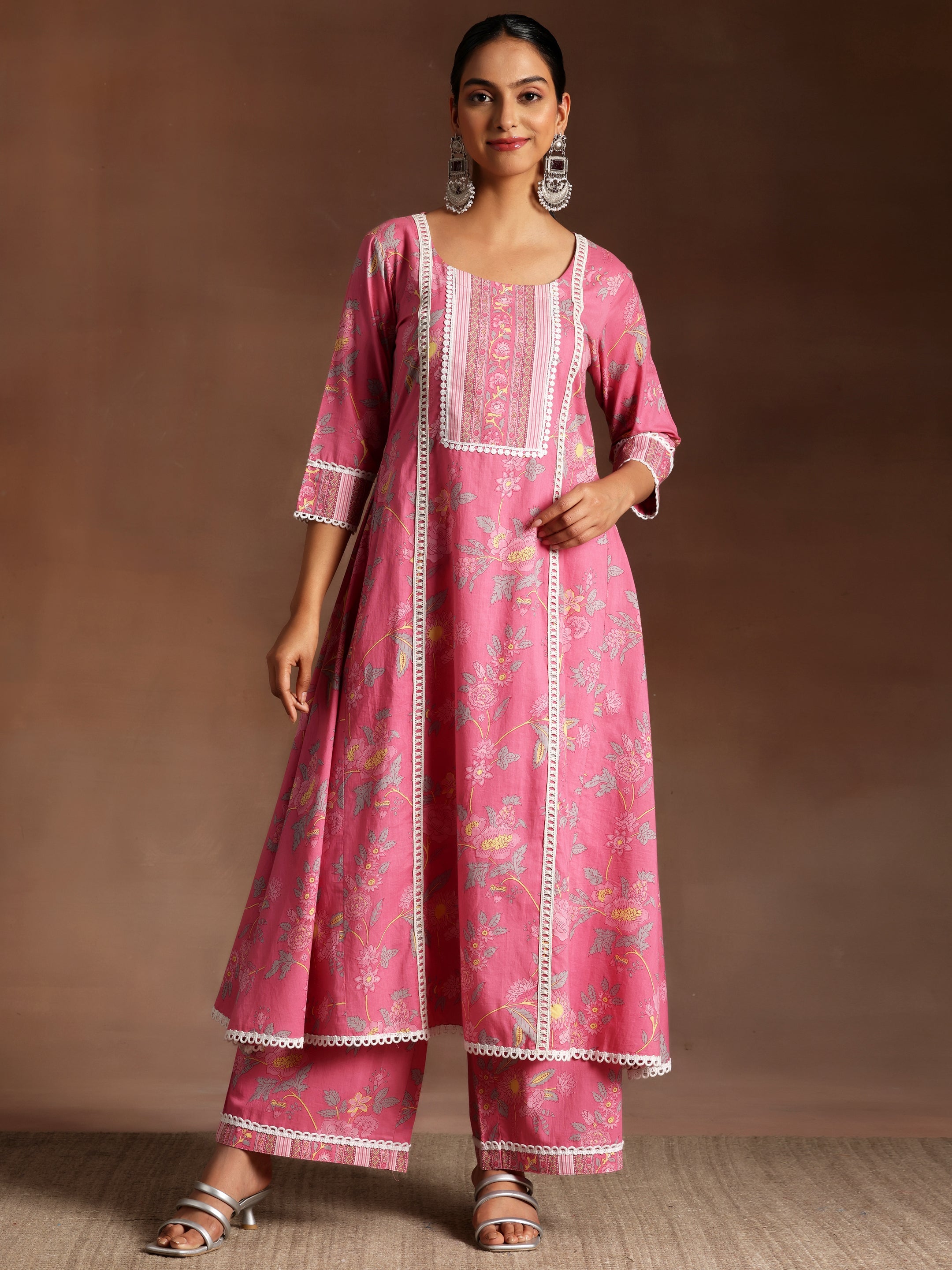 Saahiti Pink Printed Cotton A-Line Kurta With Palazzos