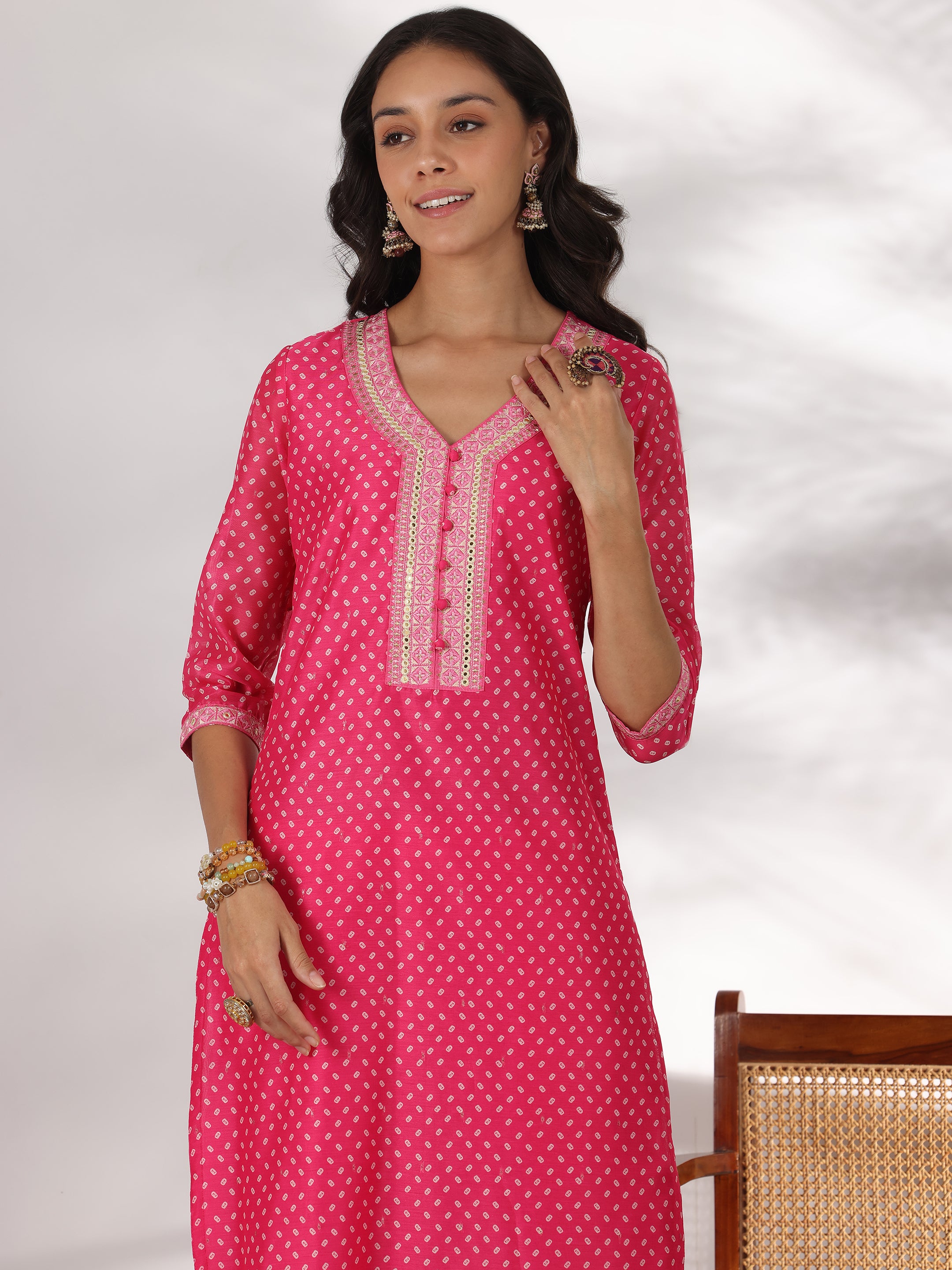 Pink Printed Silk Blend Straight Suit With Dupatta