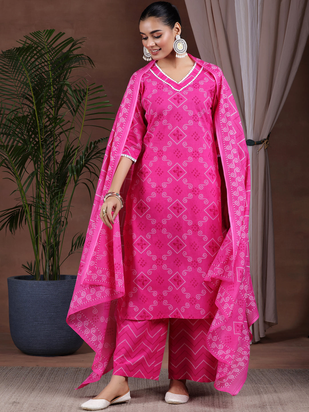 Pink Printed Cotton Straight Suit With Dupatta