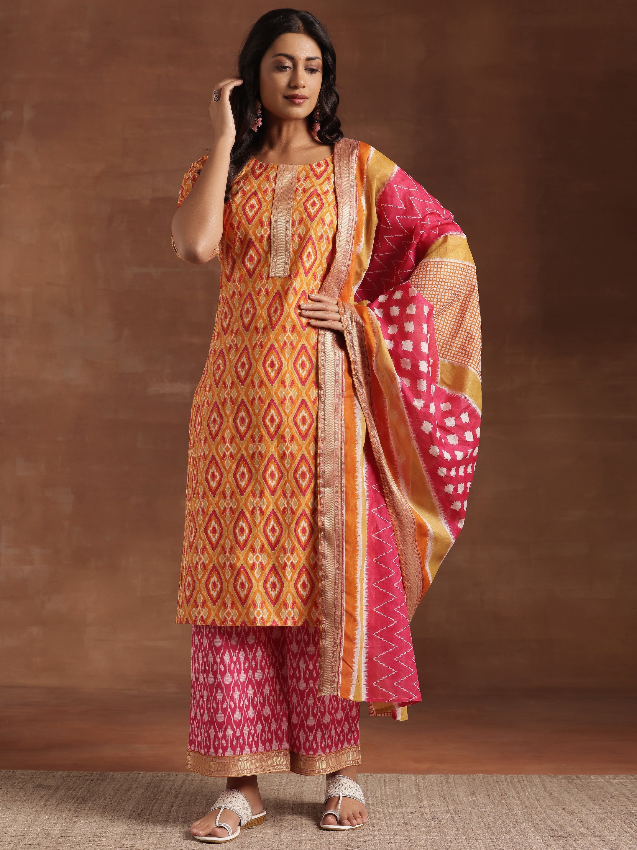 Orange Printed Cotton Straight Suit With Dupatta