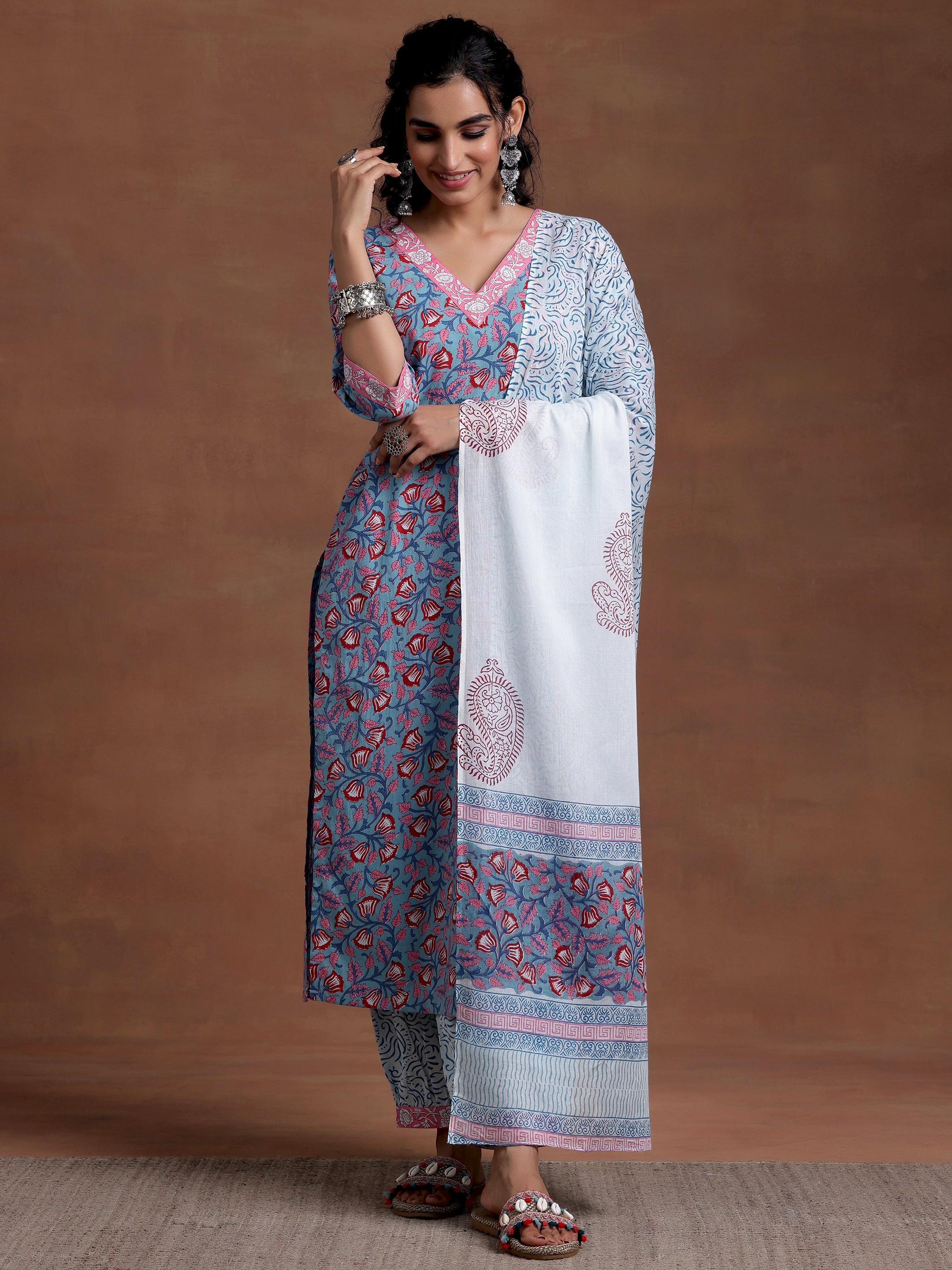 Blue Printed Cotton Straight Suit With Dupatta