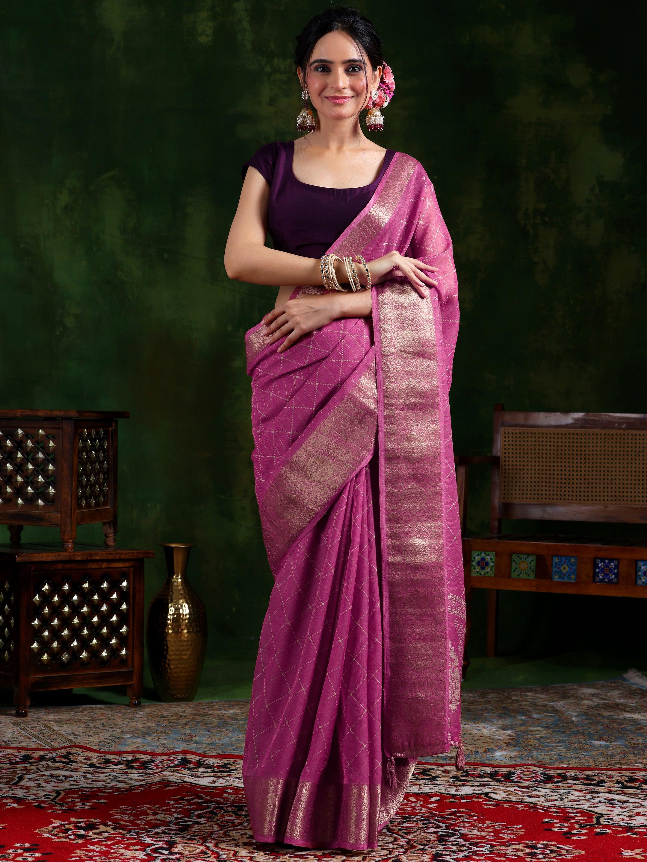 Pink Printed Silk Blend Saree With Unstitched Blouse Piece