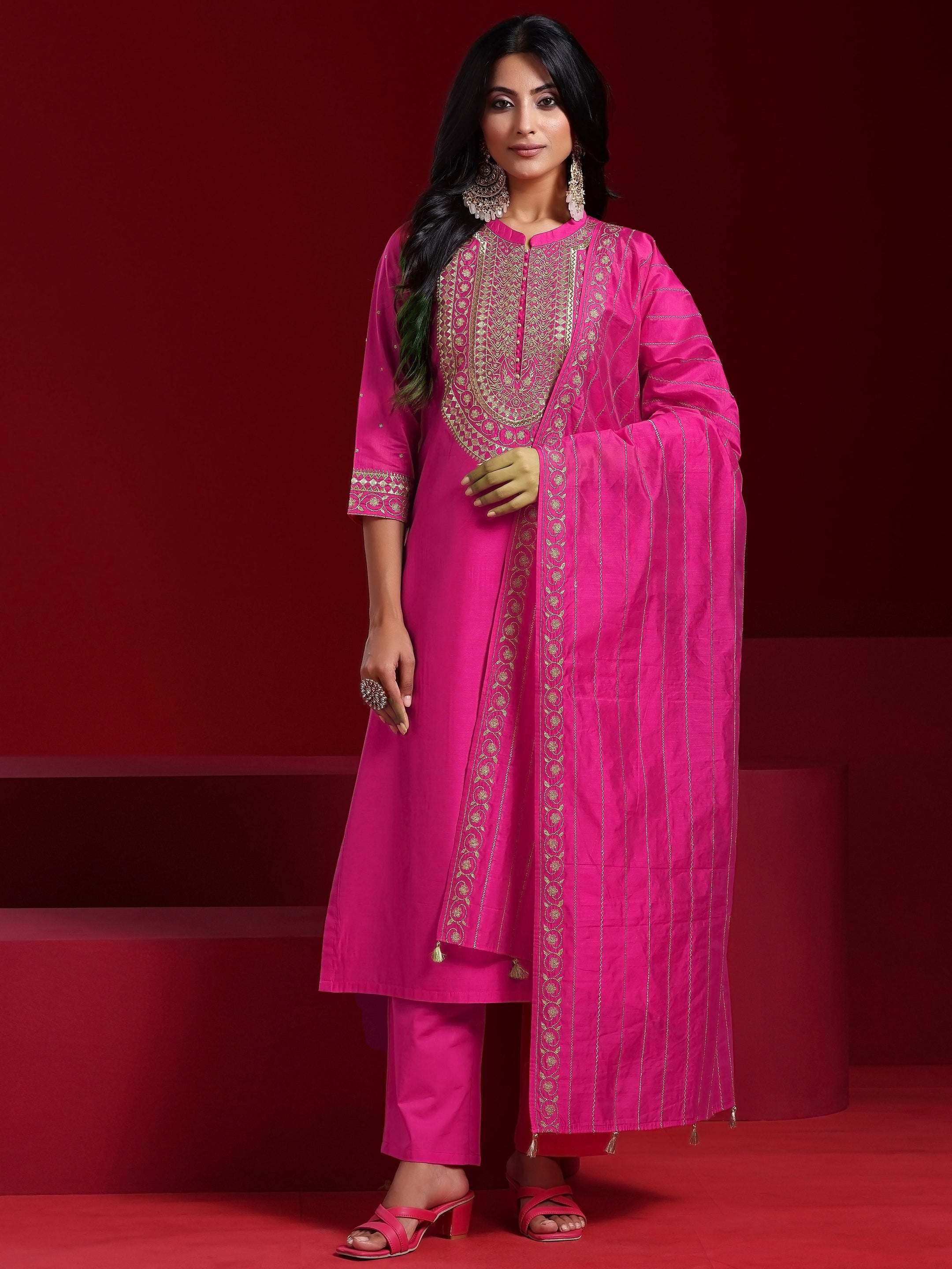 Libas Art Pink Yoke Design Chanderi Silk Straight Suit With Dupatta