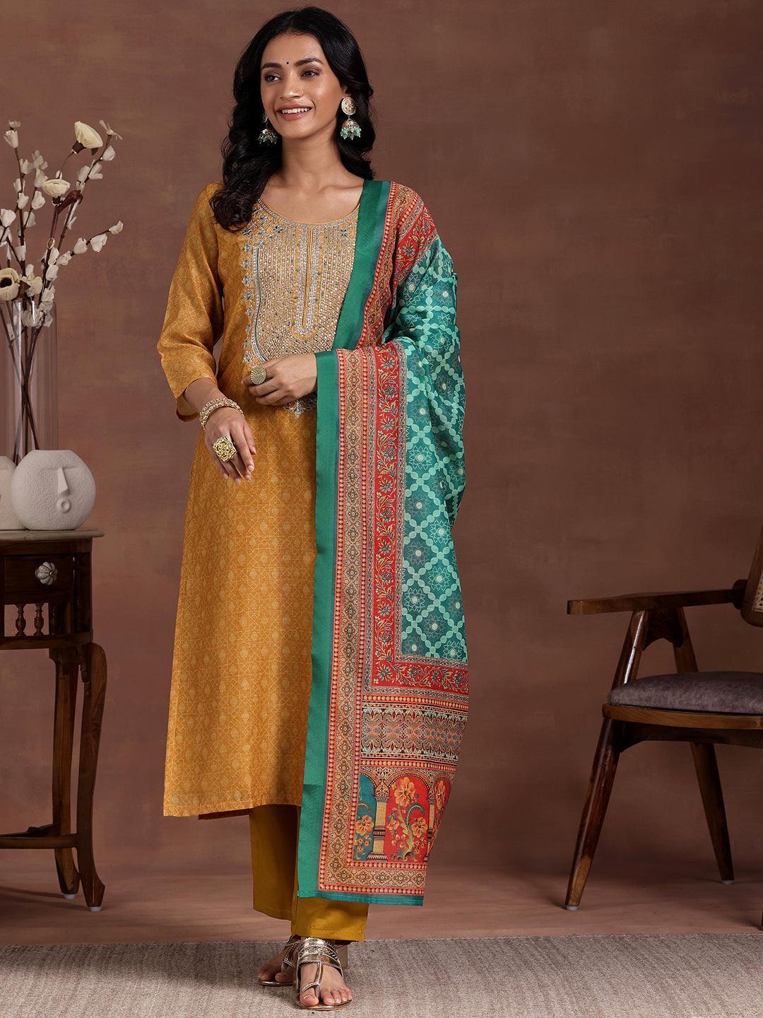 Mustard Printed Silk Blend Straight Suit With Dupatta