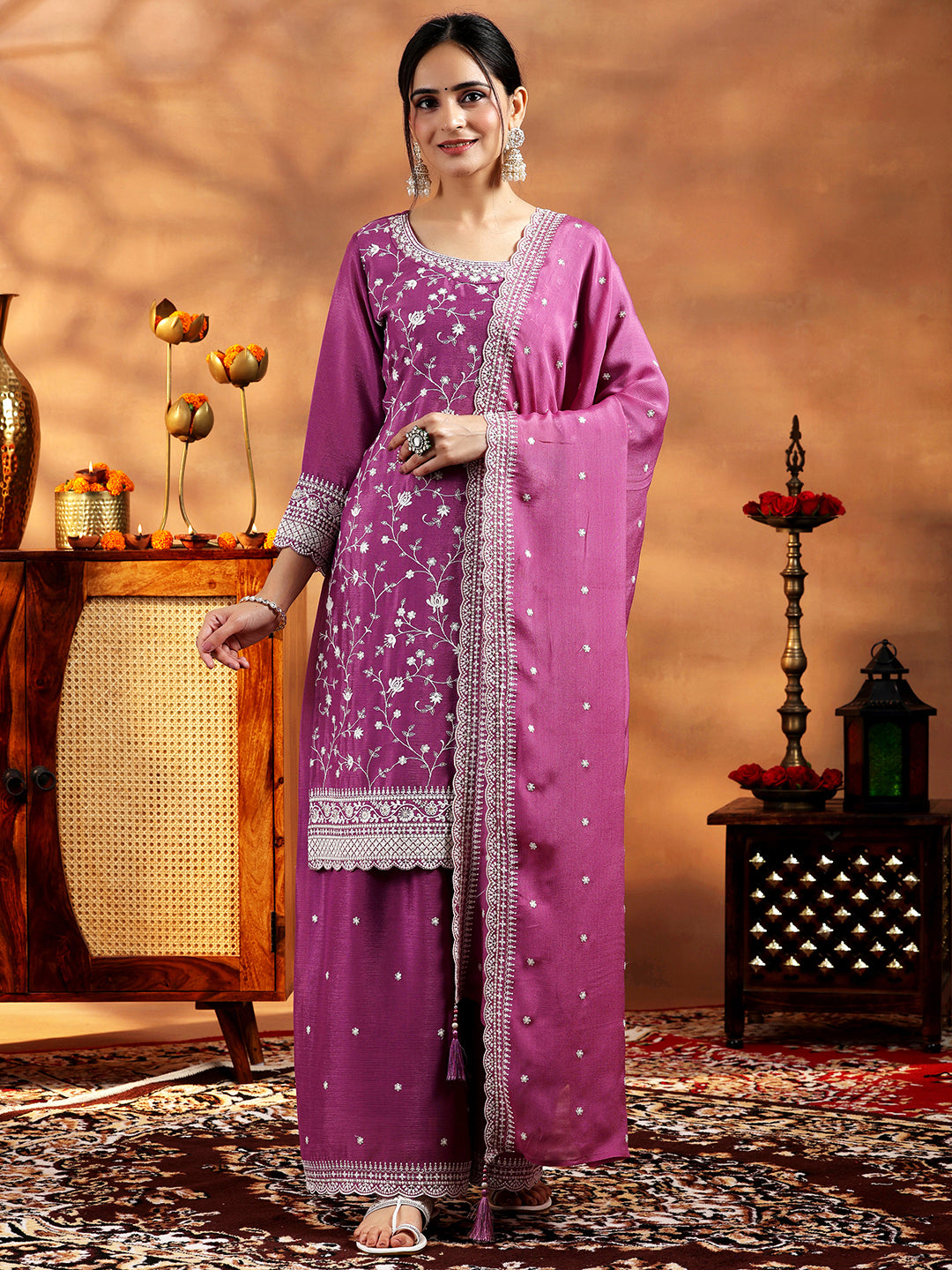 Mauve Embroidered Silk Blend Straight Suit With Dupatta