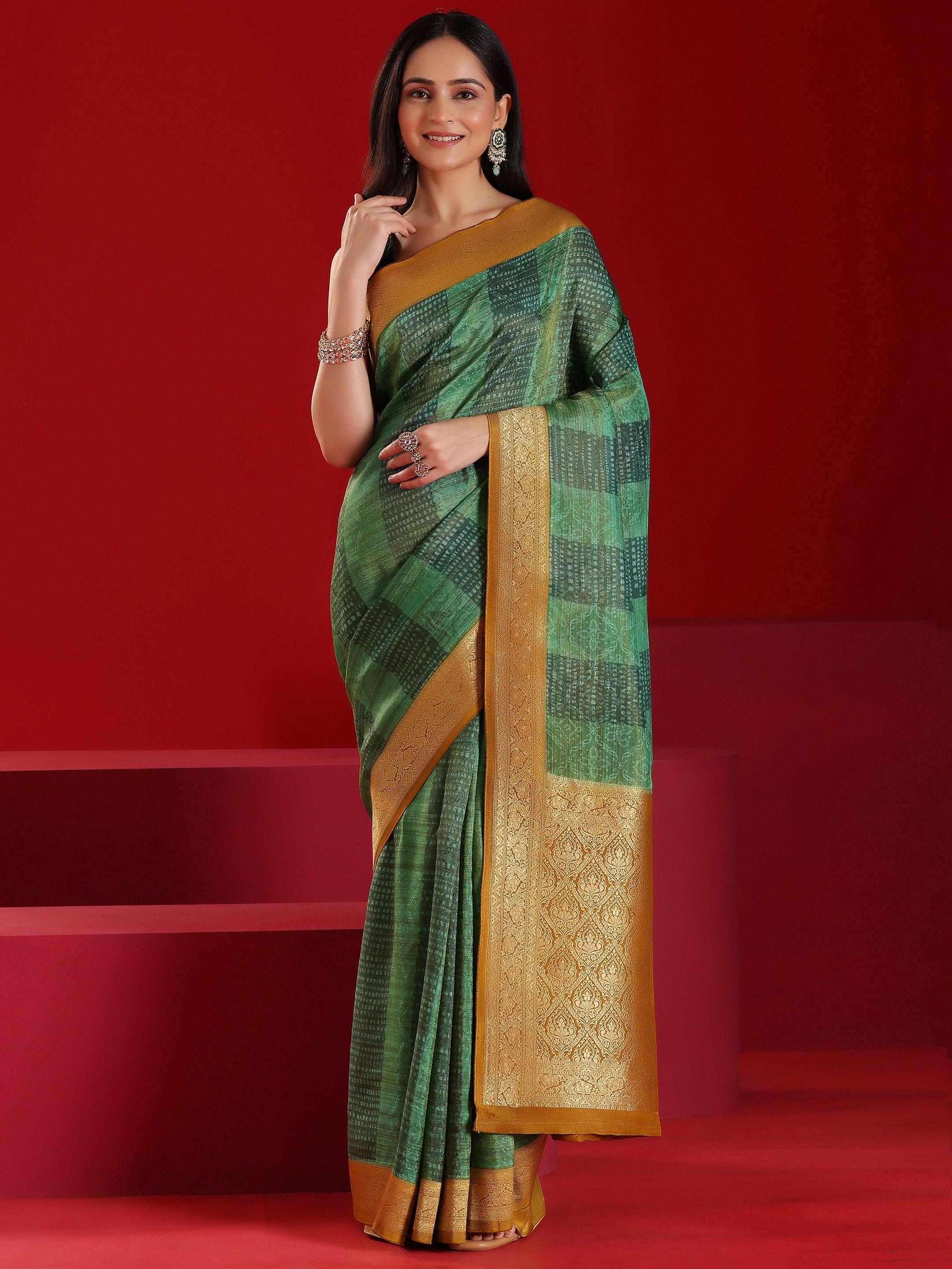 Libas Art Green Woven Design Satin Saree With Unstitched  Blouse Piece