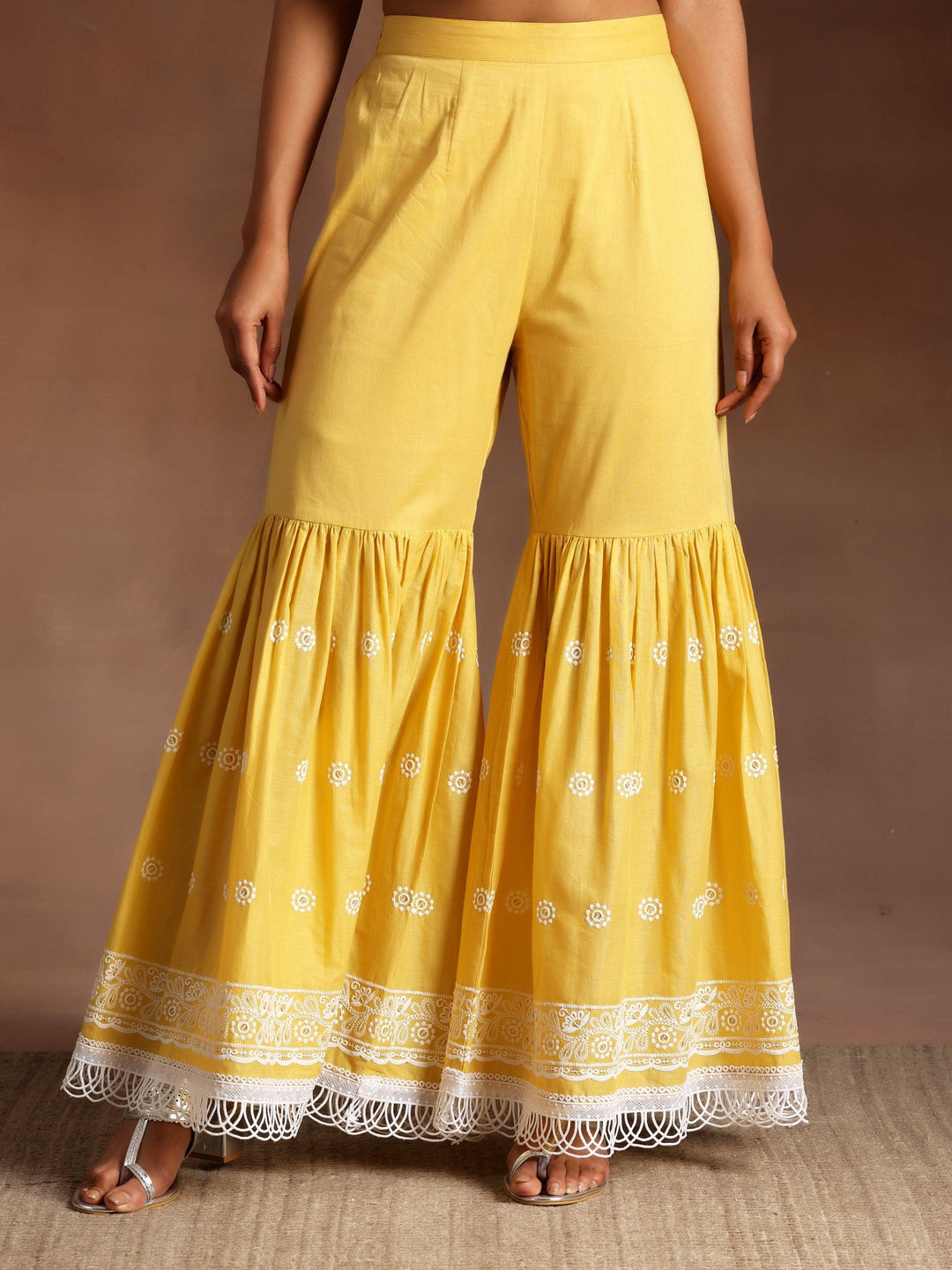 Surajmukhi Mustard Embroidered Cotton Straight Kurta With Sharara & Dupatta - ShopLibas