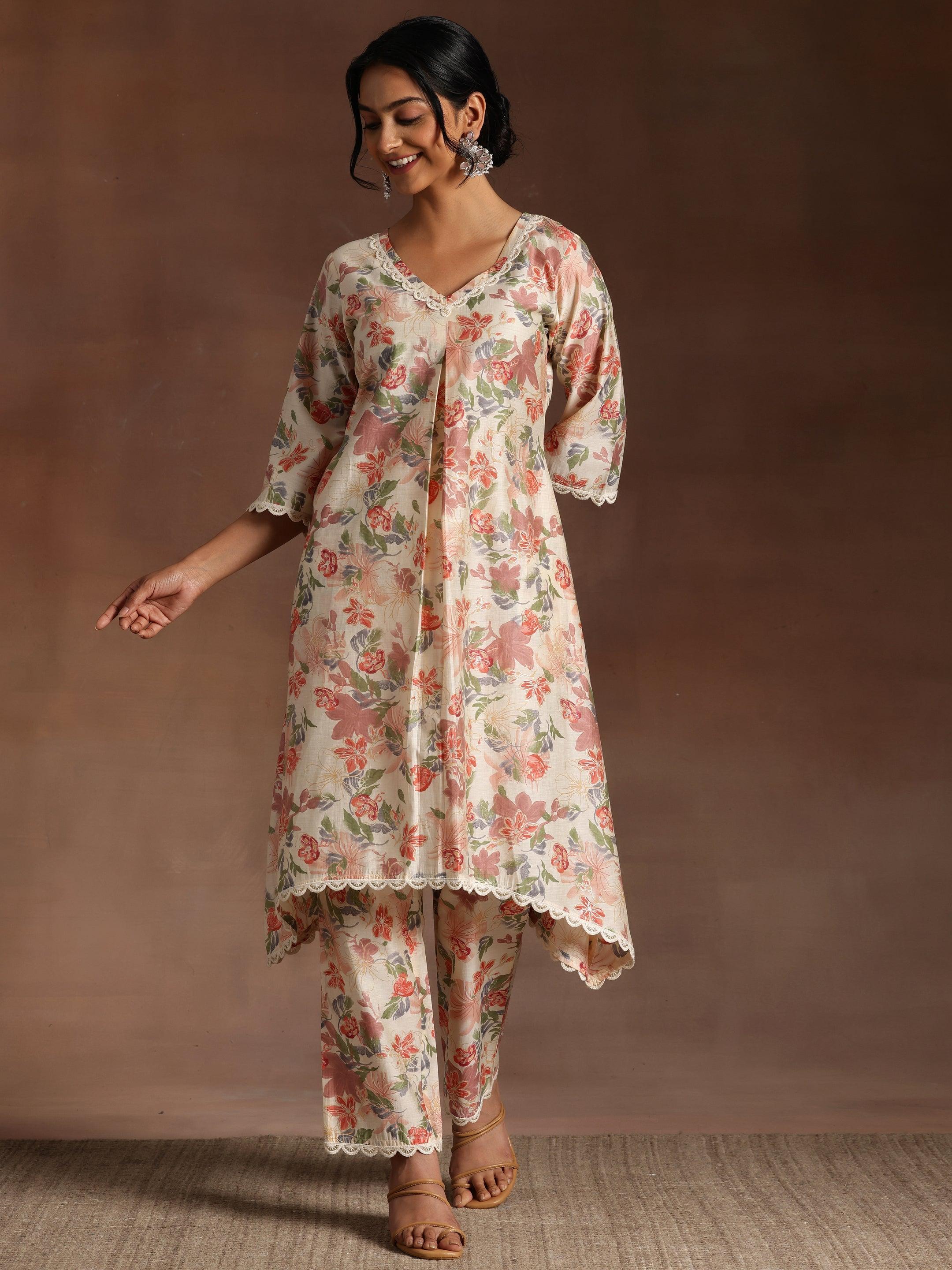 Saavri Beige Printed Chanderi Silk A-Line Kurta With Trousers