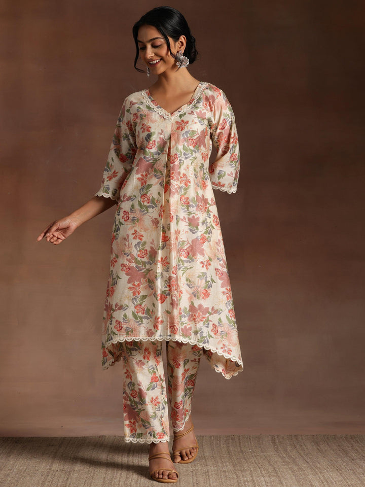 Saavri Beige Printed Chanderi Silk A-Line Kurta With Trousers - ShopLibas