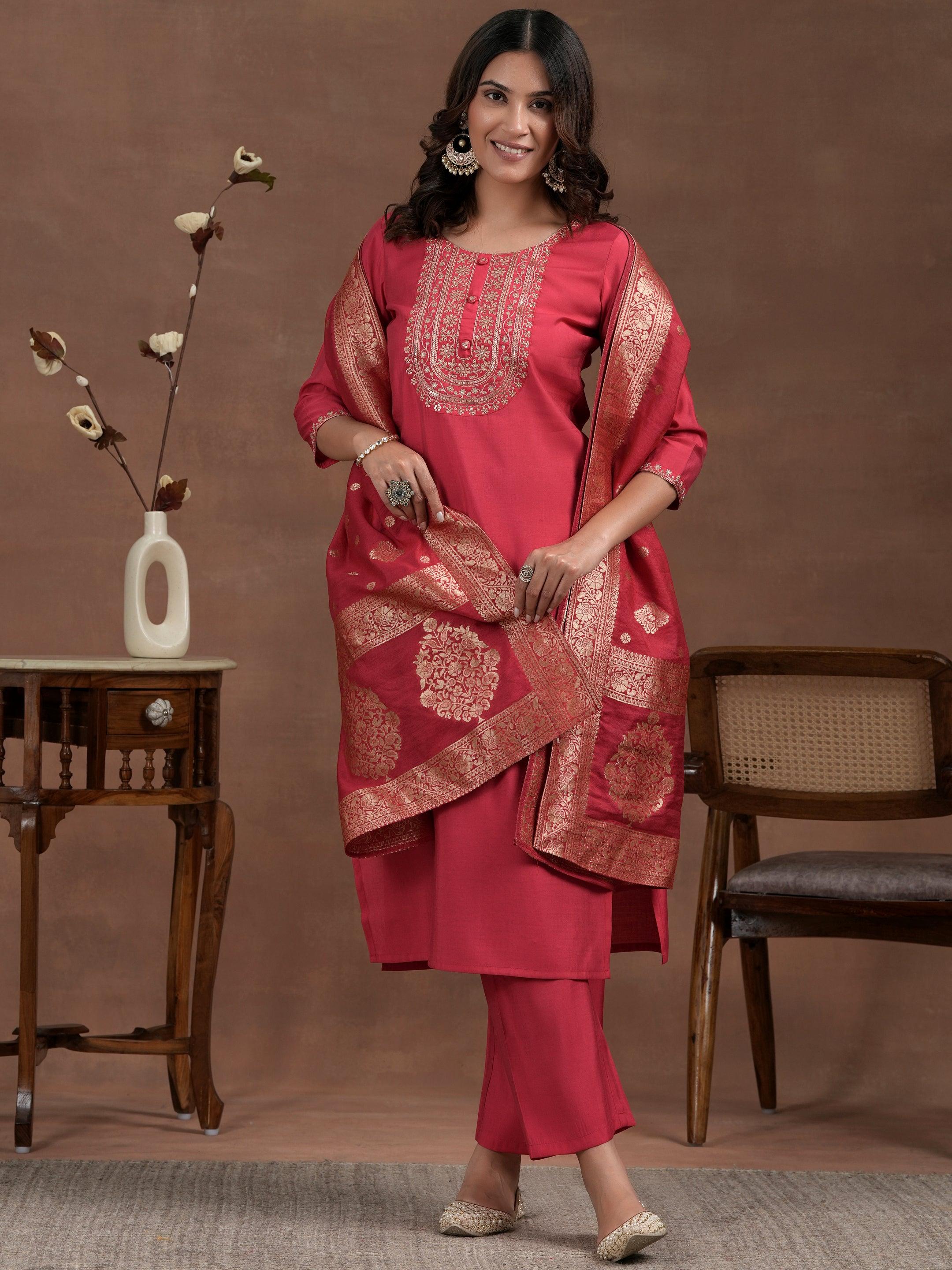 Pink Yoke Design Silk Blend Straight Suit With Dupatta